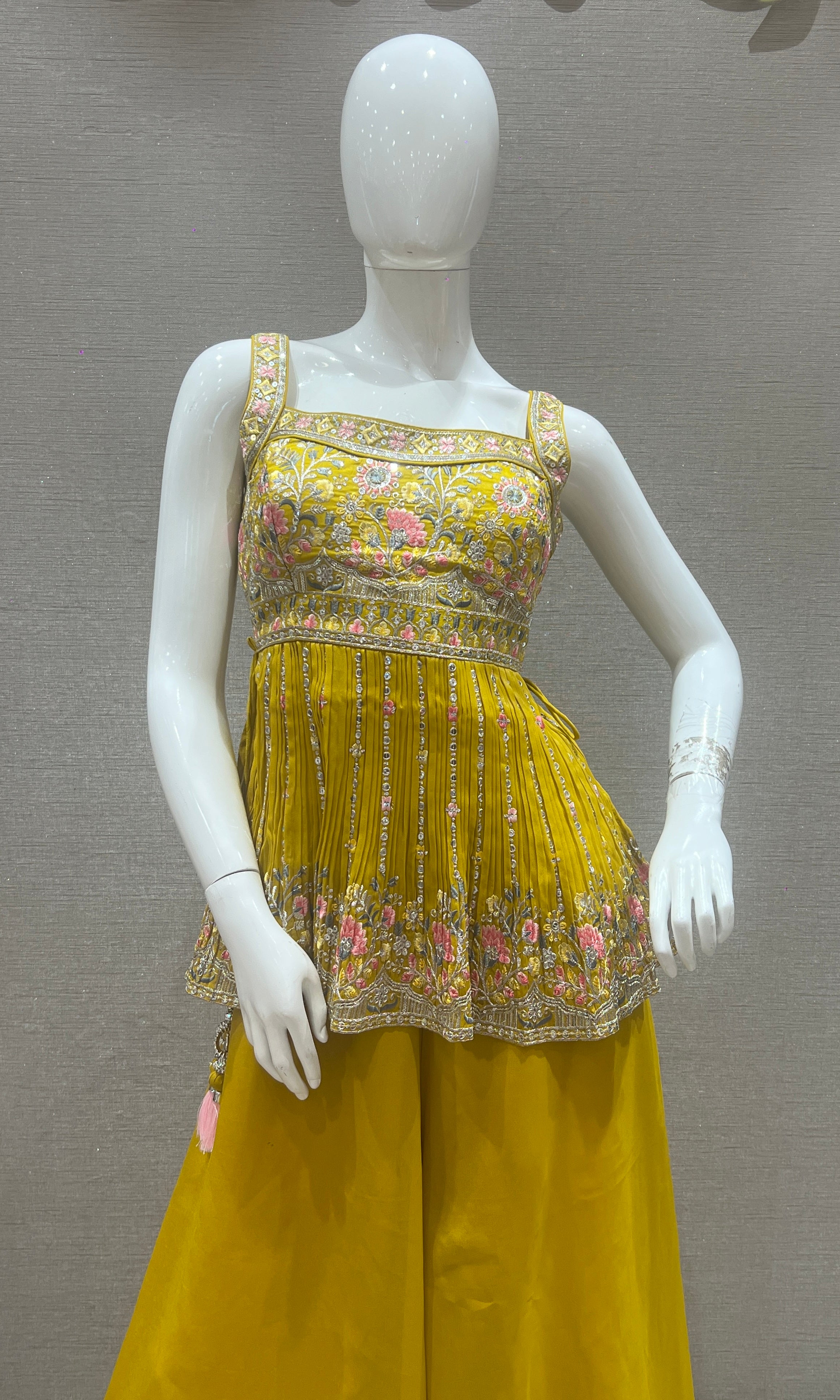 Yellow palazzo set with Embroidered peplum top