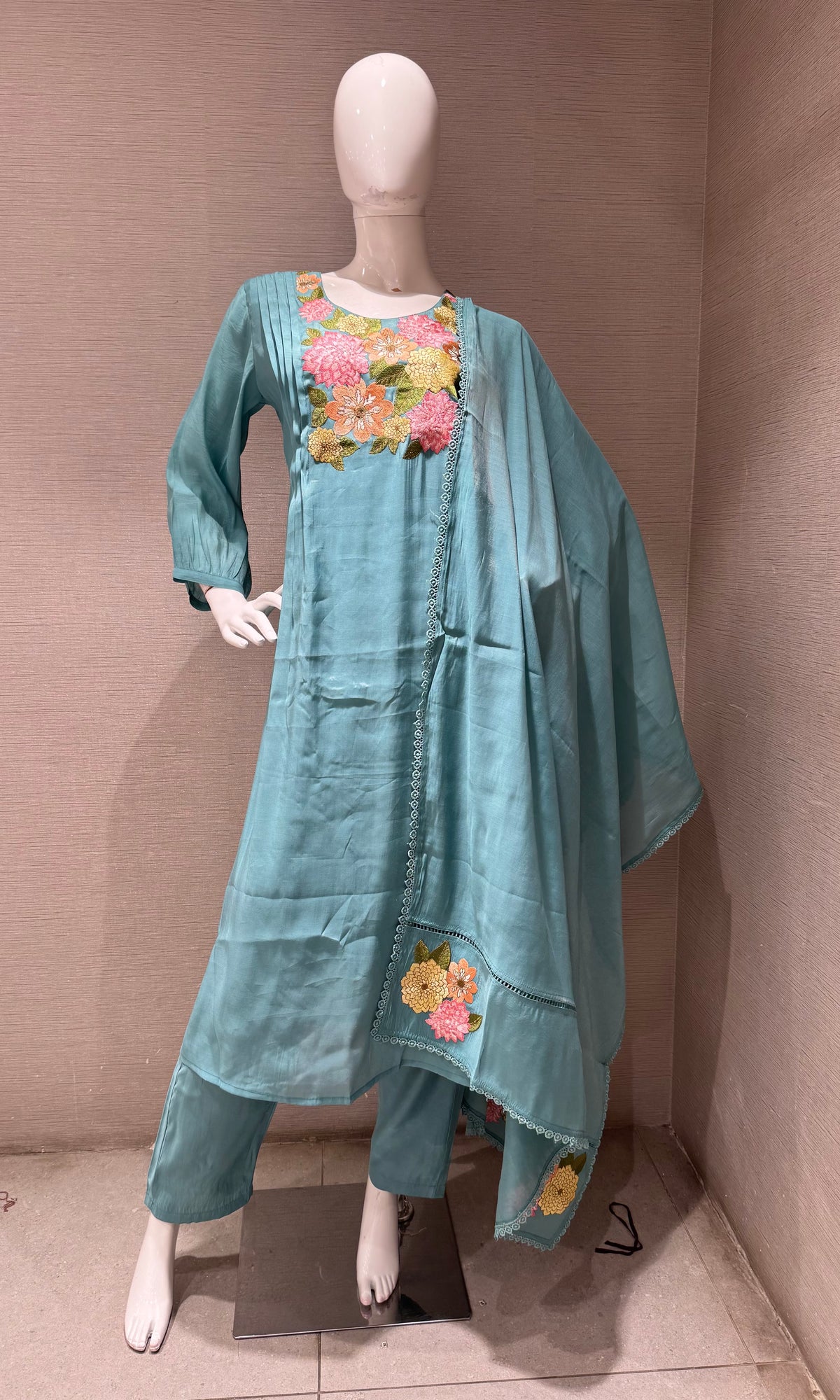 Blue Floral Embroidered Mul Chanderi A Line kurta Set with dupatta