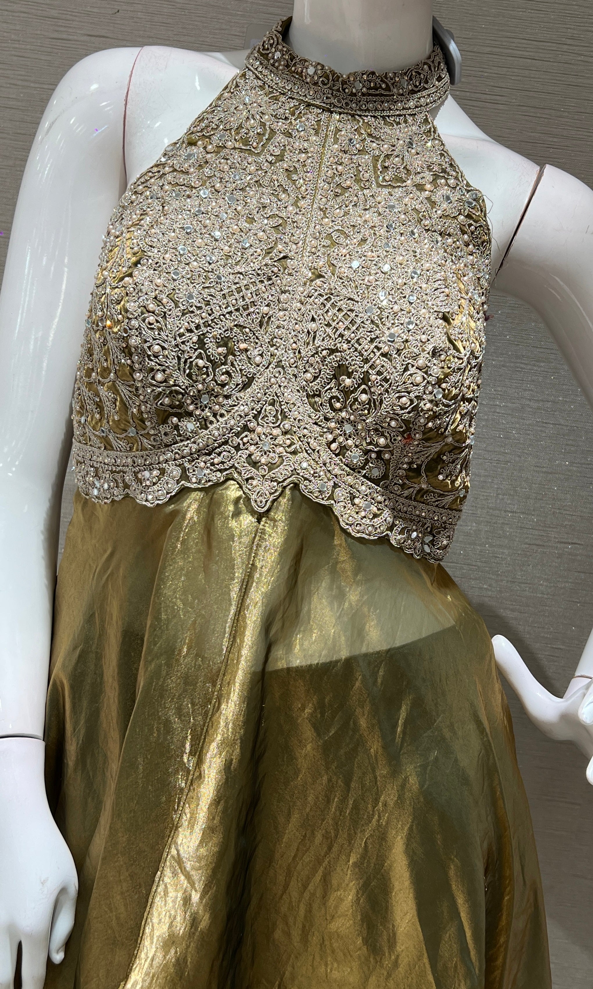 GREEN HALTER NECK ANARKALI WITH FLARED PANTS