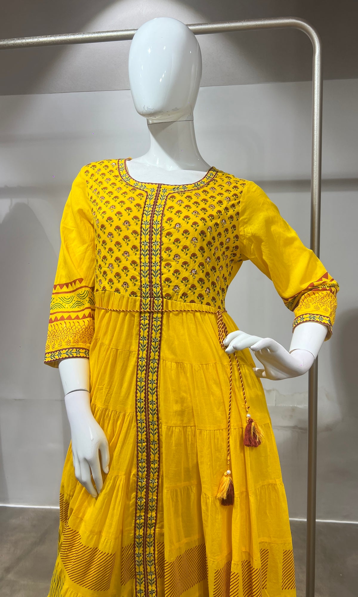 yellow ethnic printed cotton Frock
