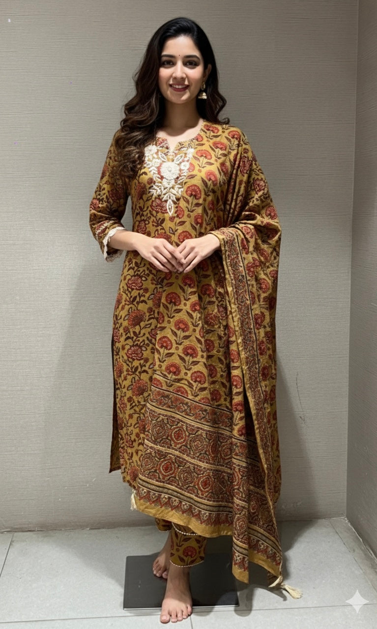 MUSTARD YELLOW printed EMBROIDERED KURTA SET
