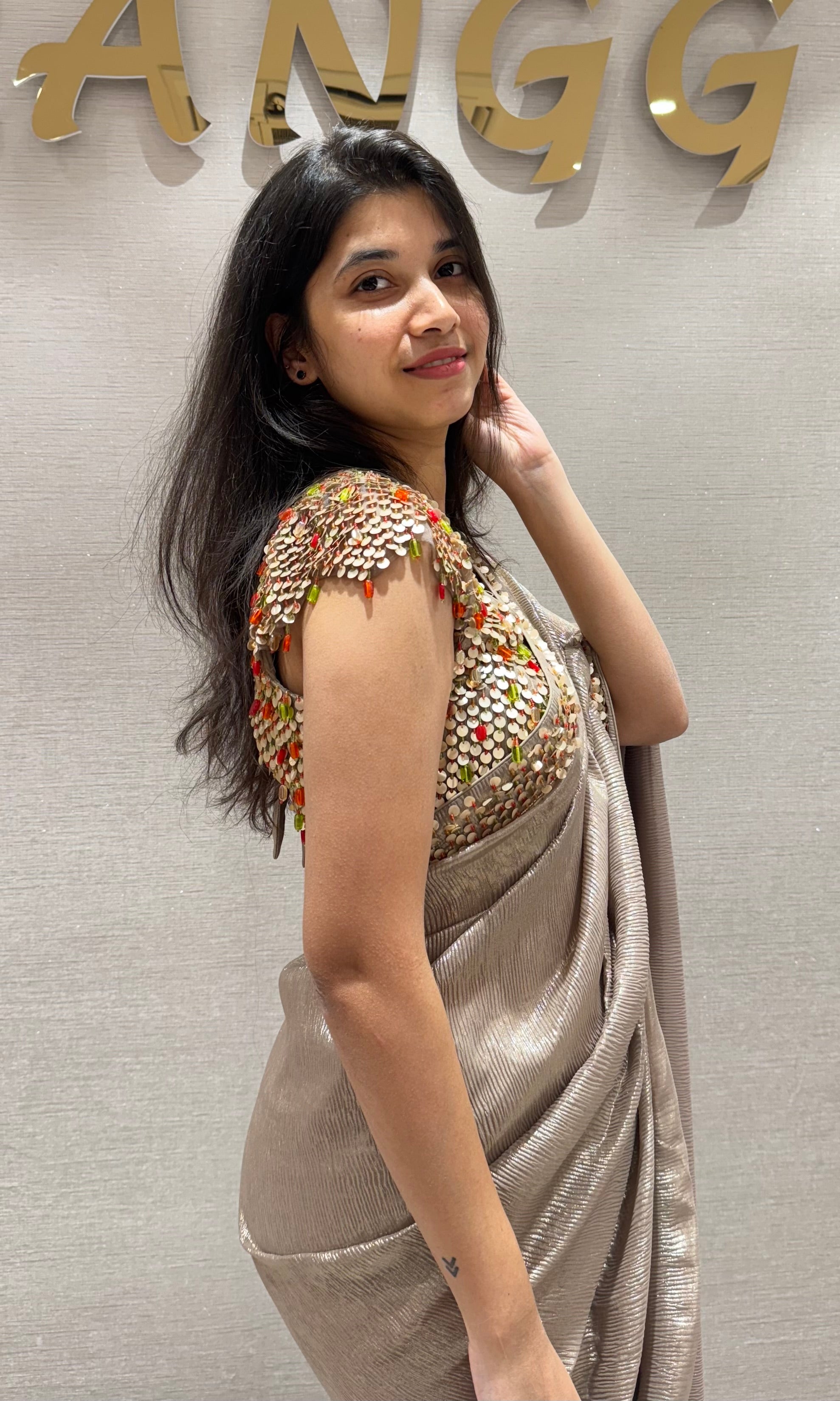 BEige designer SAREE WITH ready BLOUSE