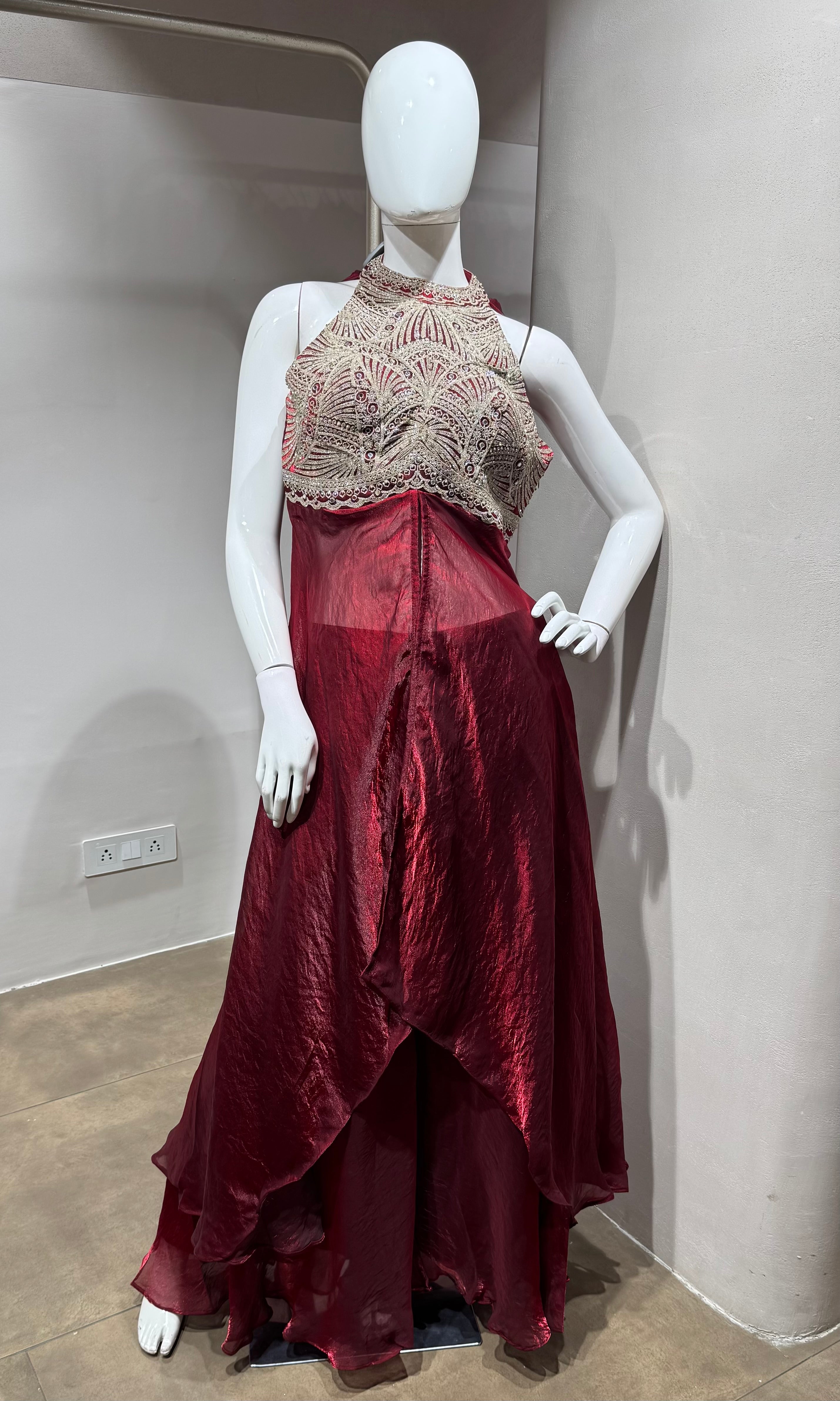 MAROON halter neck embroidered anarkali set