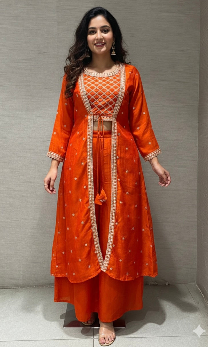 Orange EMBROIDERED JACKET STYLE PALAZOO SET
