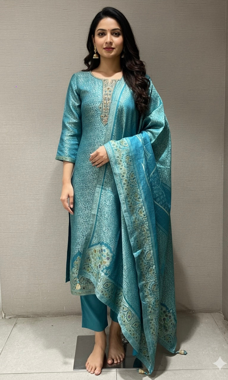 Rama blue ethnic print kurta set