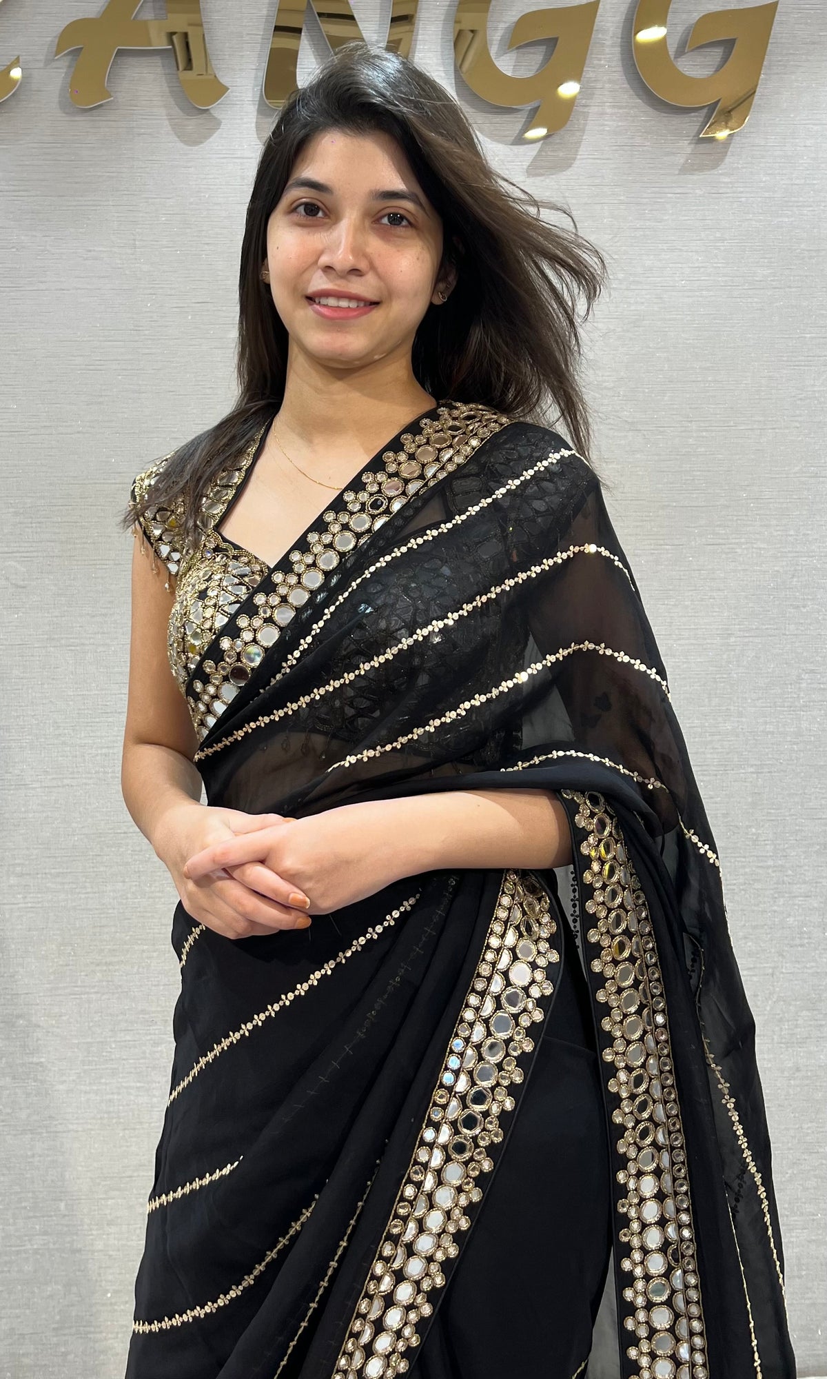 Black Georgette Saree with Golden Zari & Mirror Embroidery