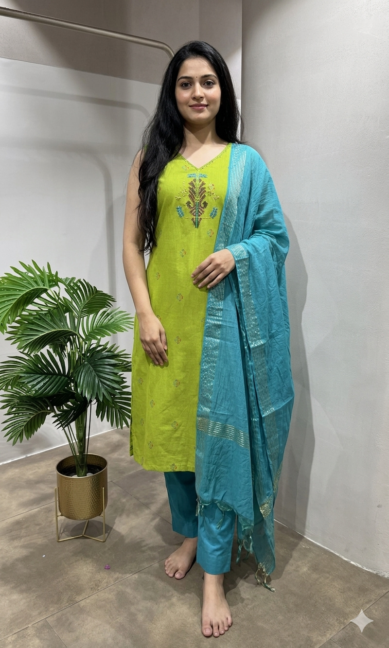 Green Embroidered Kurta Set with blue dupatta