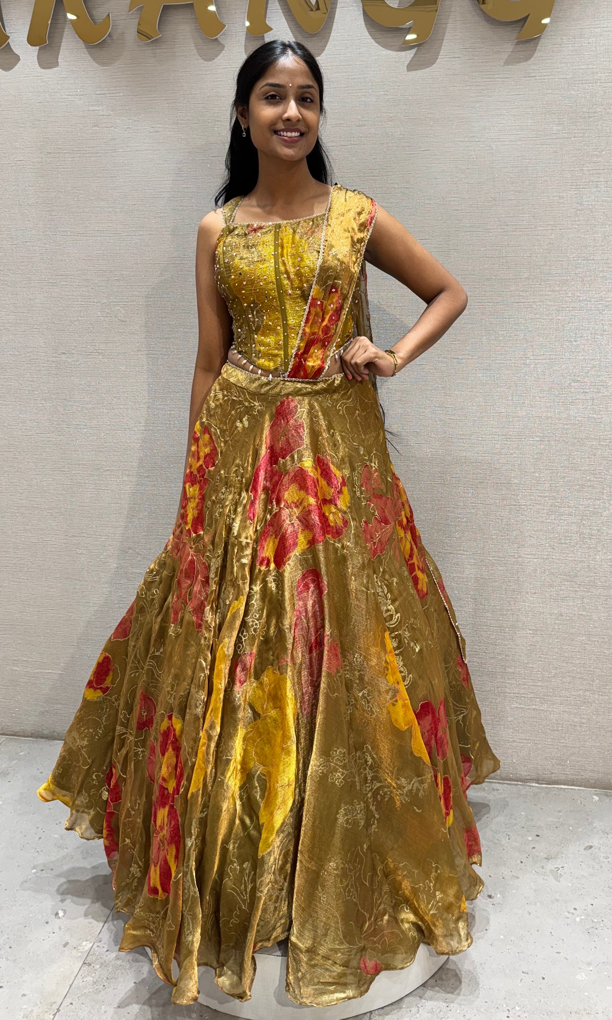 Golden Green Shimmering Organza Lehenga set