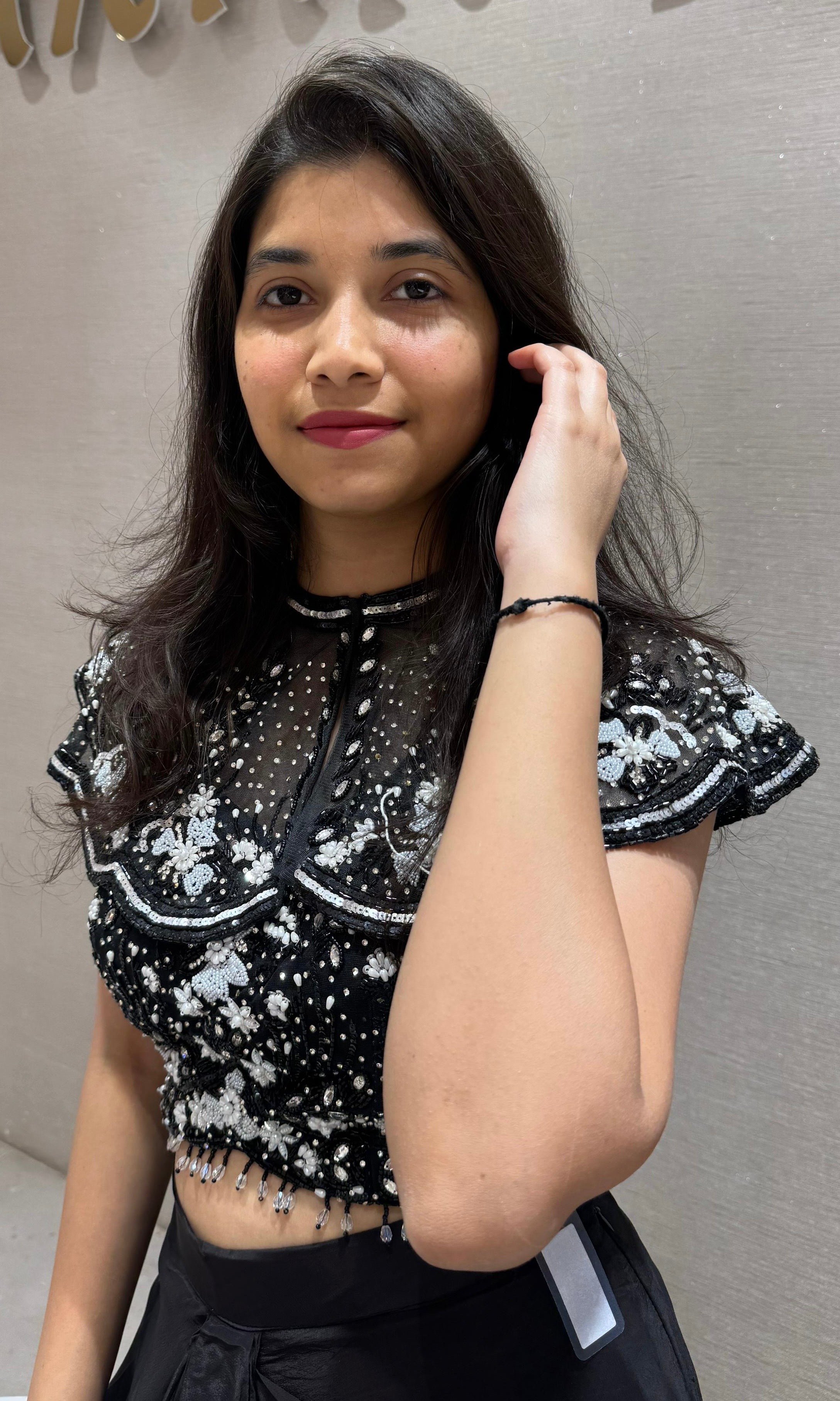 Black Sequin Embroidered Layered Drape Skirt