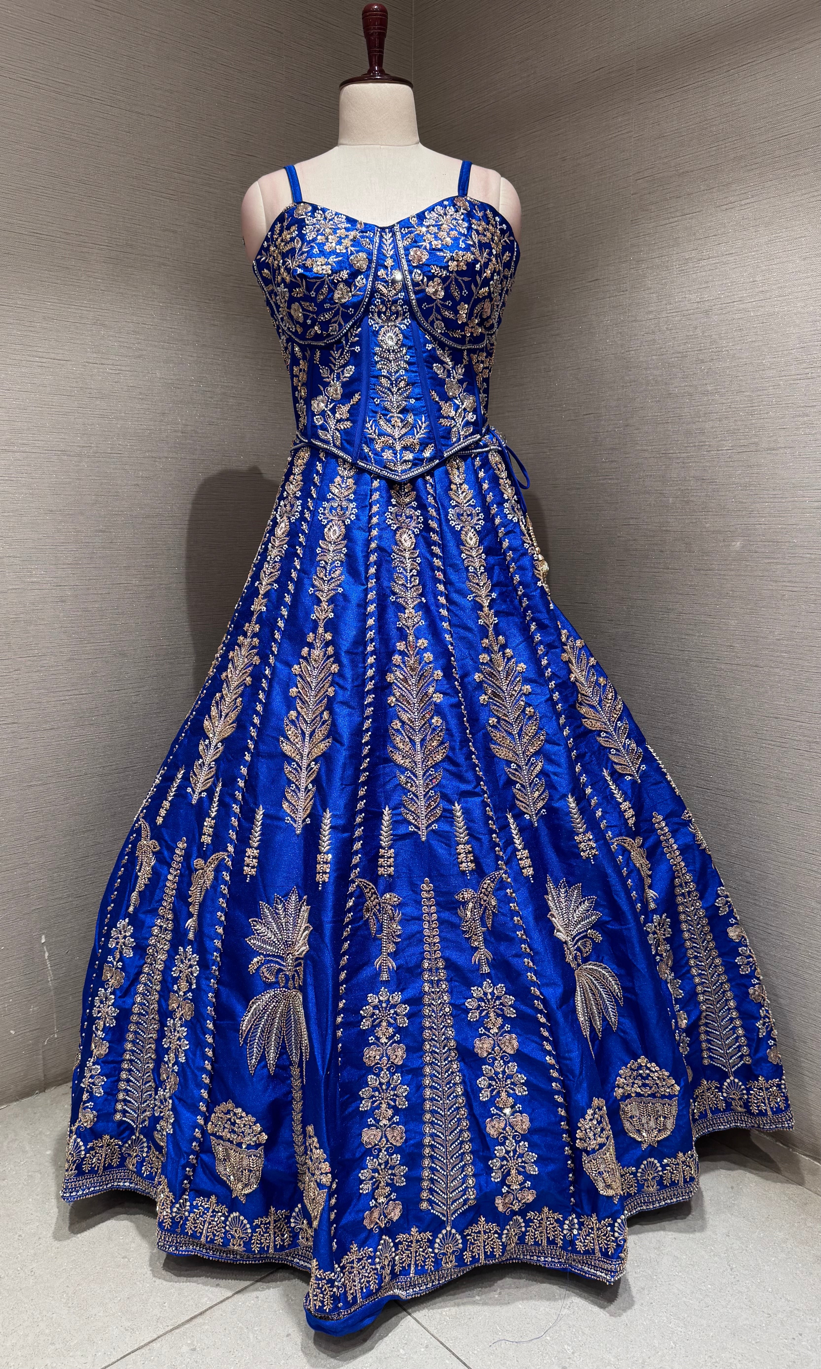 Royal blue embroidered peplum crop top lehenga