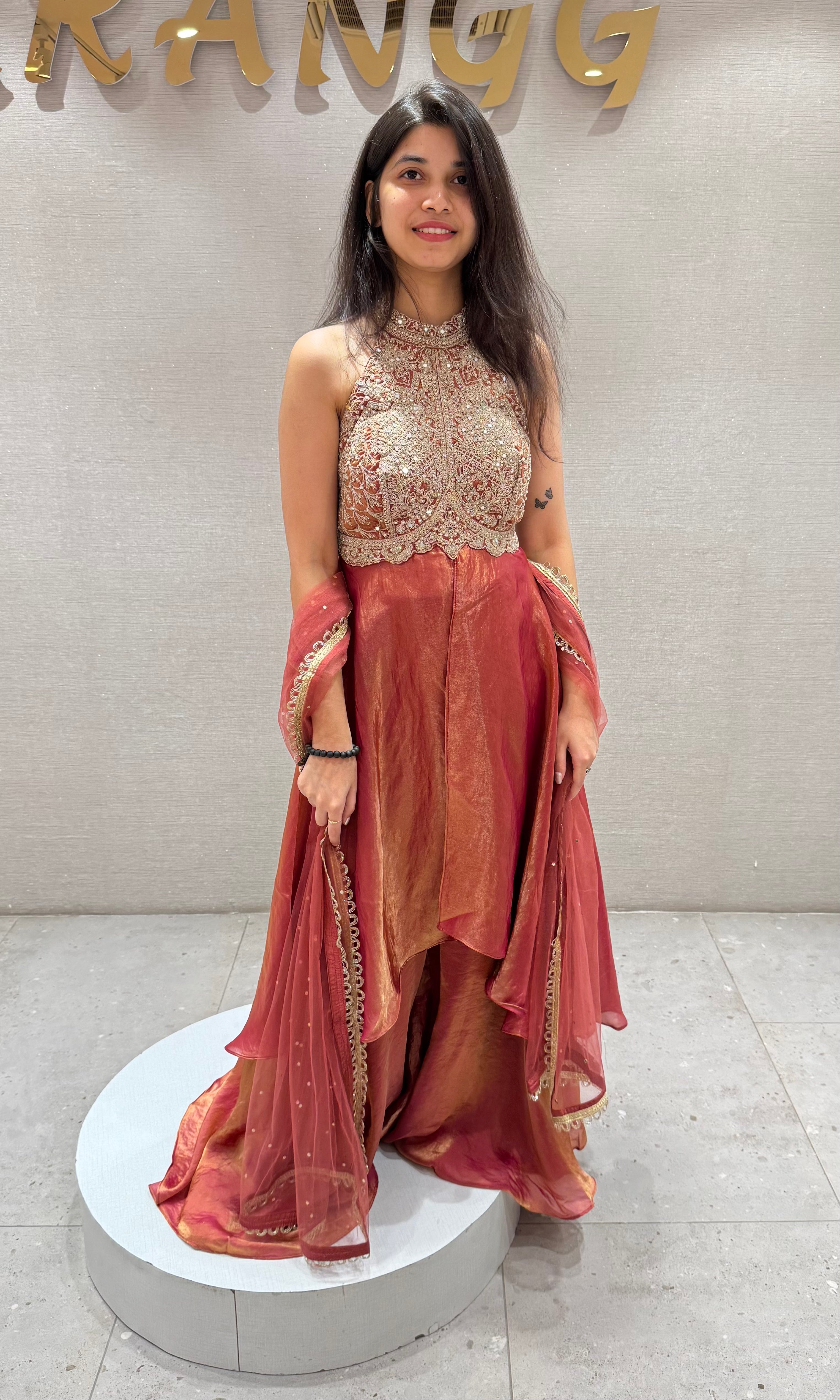 Rust ORANGE HALTER NECK A LINE CUT PALAZZO SET