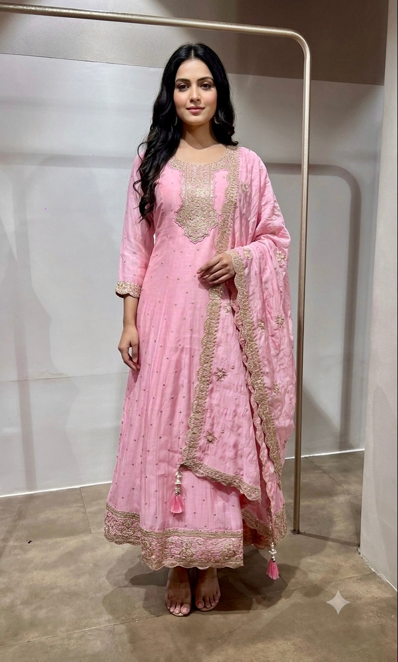 Baby Pink Embroidered Anarkali Suit Set