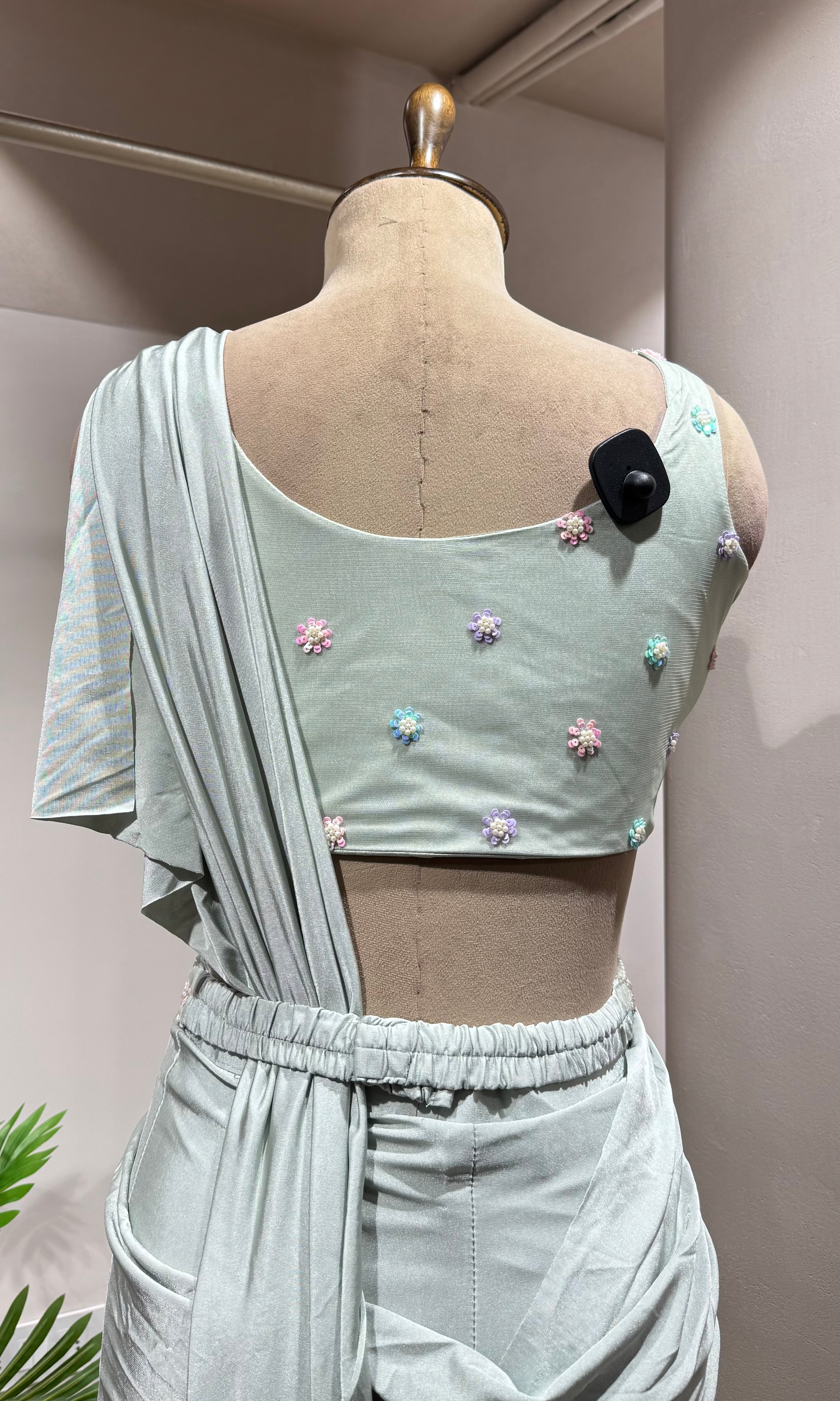 GREEN DRAPE SAREE WITH EMBELLISHED BLOUSE