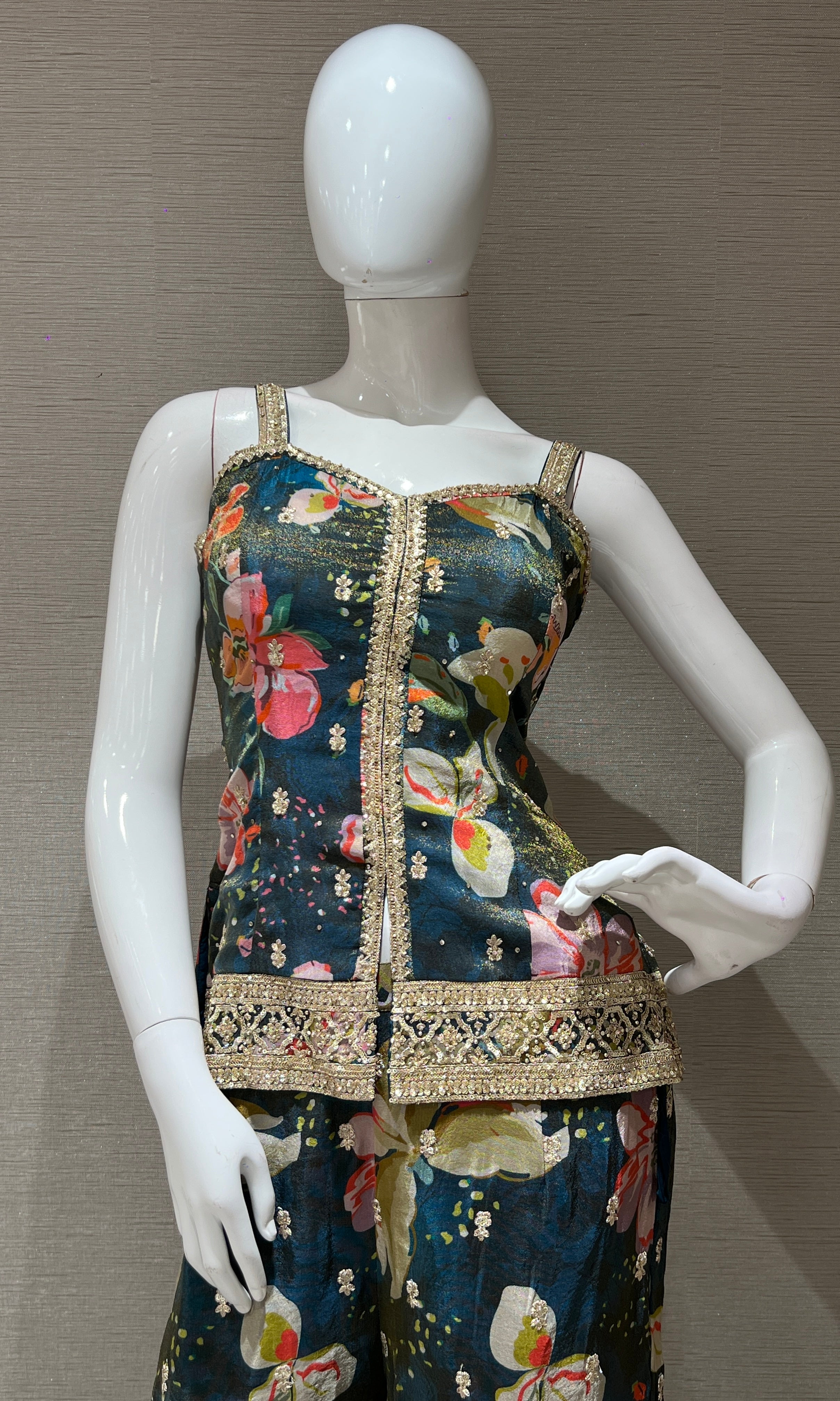 peacock Green floral print sharara set with short blouse