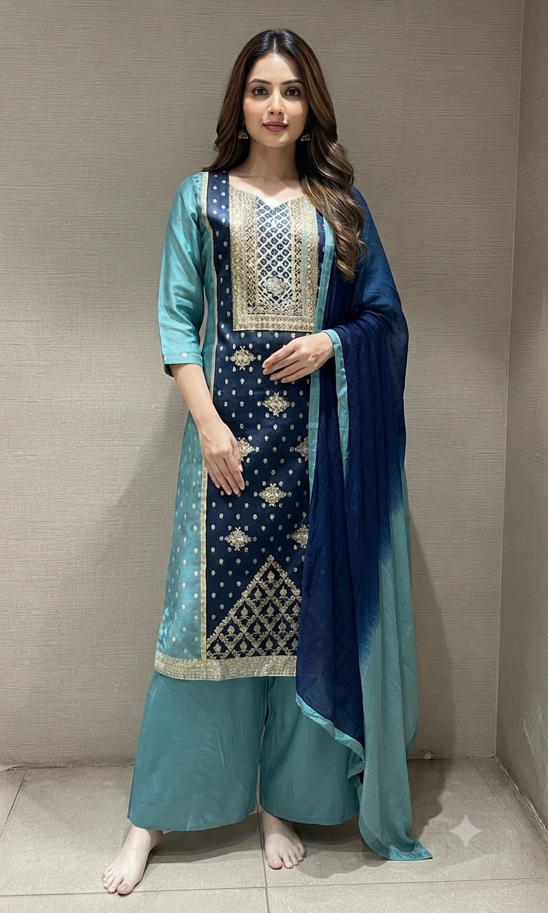 BLUE EMBROIDERED KURTA SET WITH PALAZZO PANTS