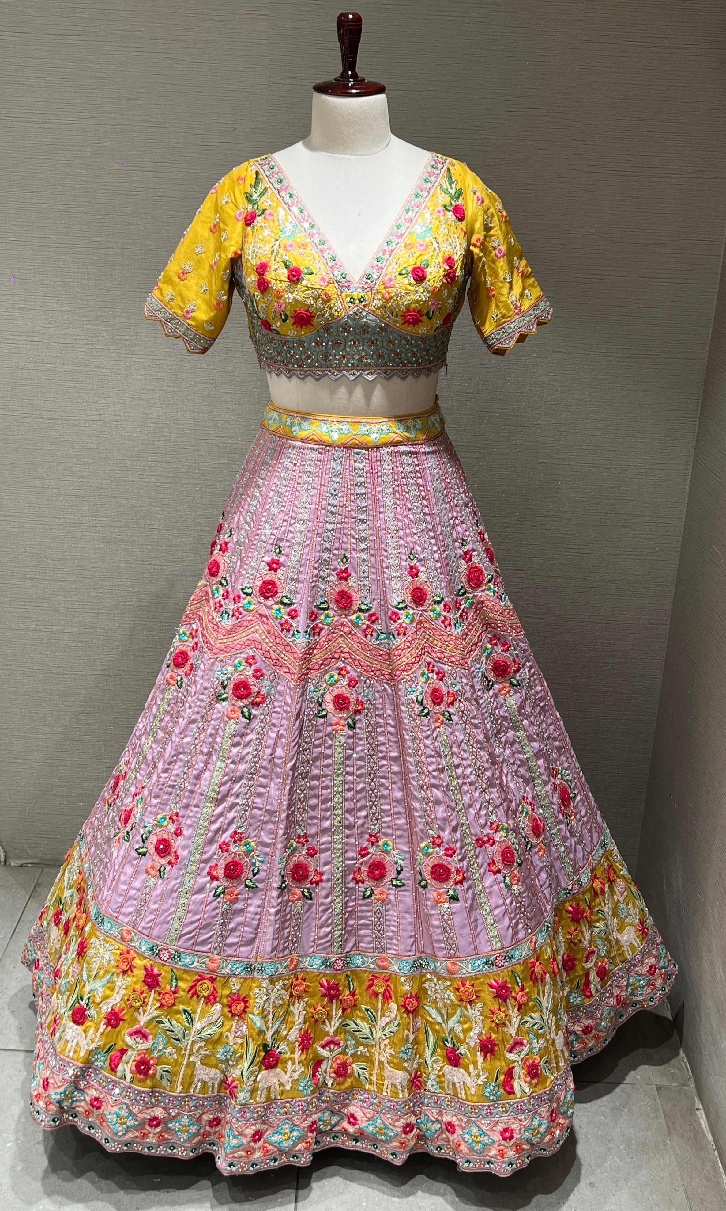 Lilac and Yellow Floral Embroidered Lehenga