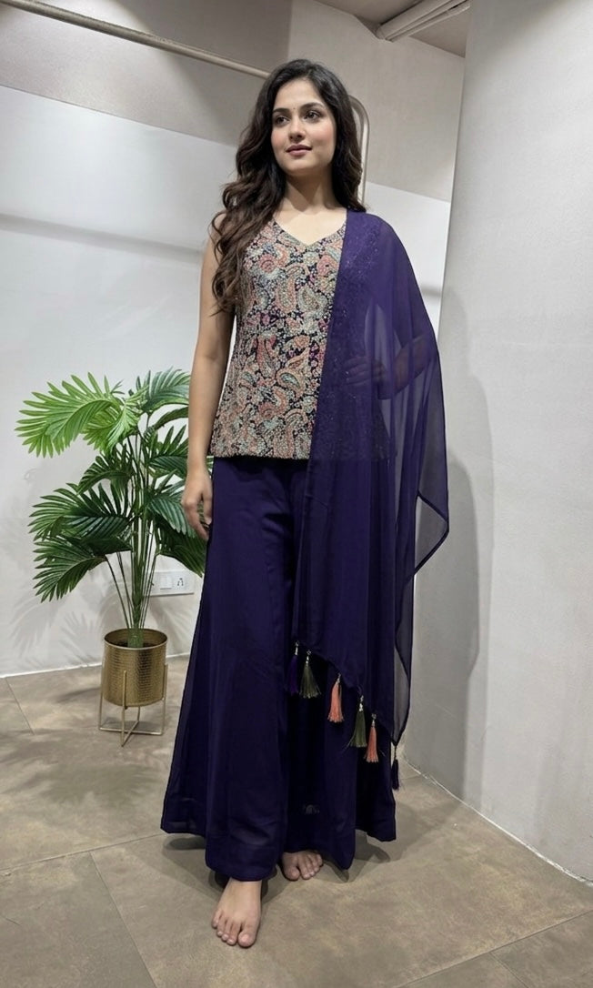 Purple embroidered georgette palazzo set