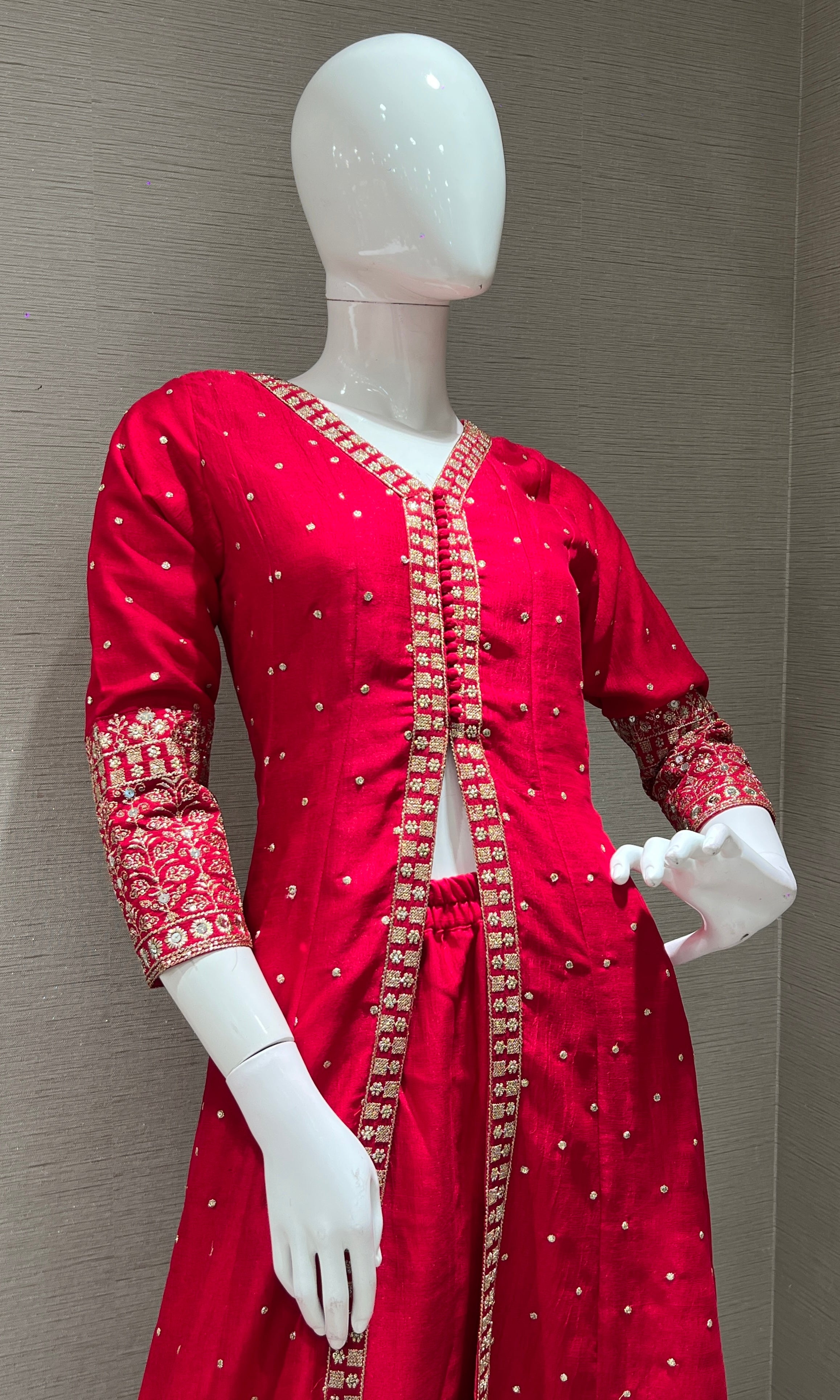 Red embroidered front slit Anarkali