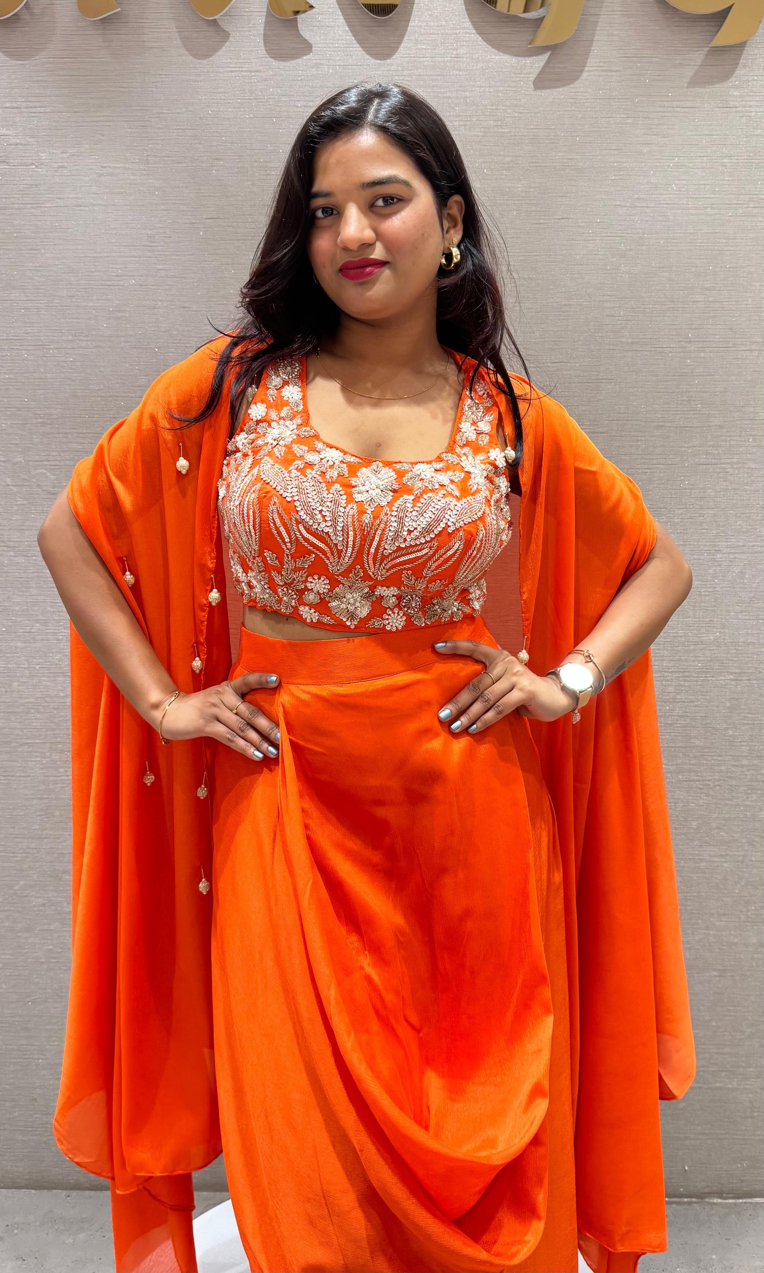 ORANGE EMBROIDERED BLOUSE WITH DRAPE SKIRT&CAPE