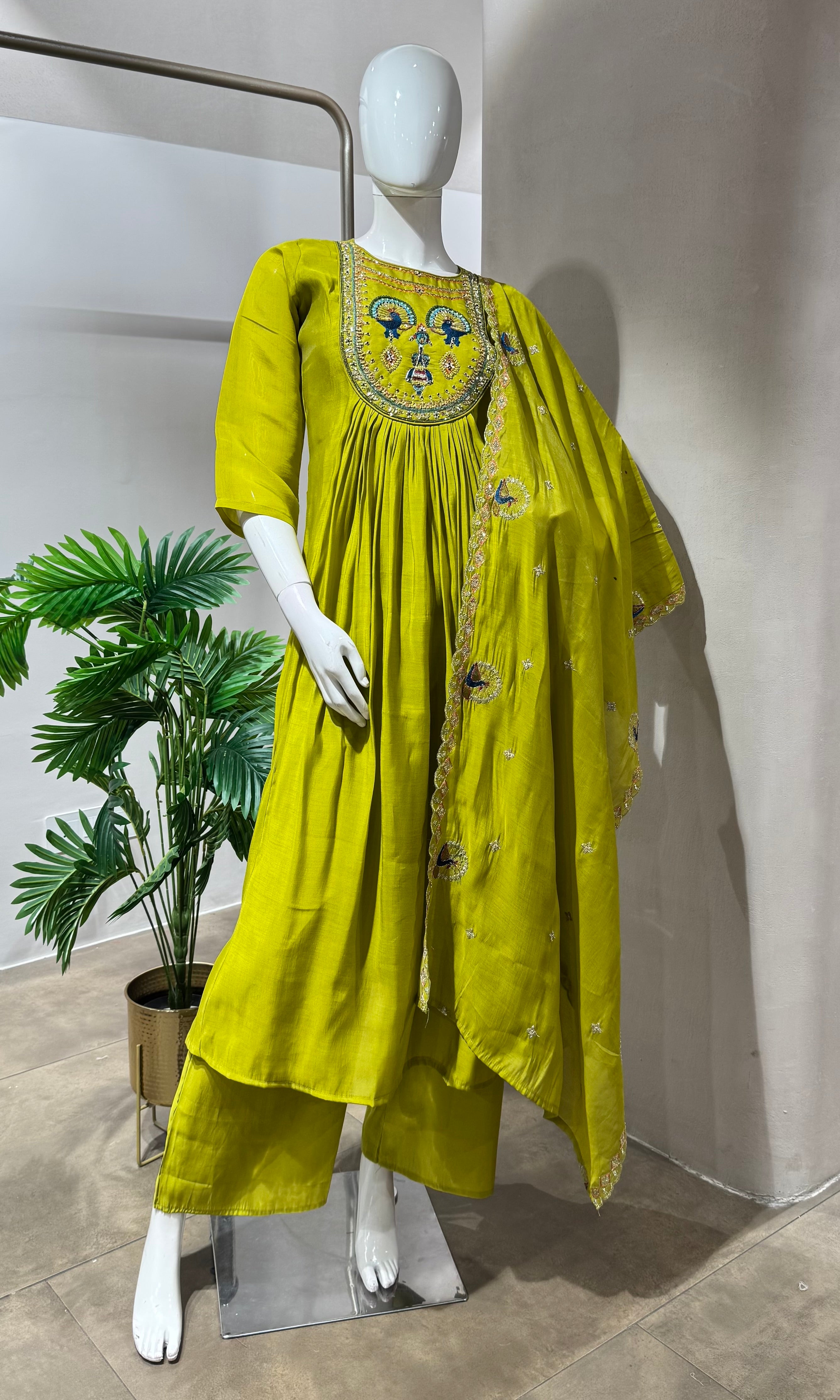 GREEN PEACOCK EMBROIDERY MUL CHANDERI KURTA SET