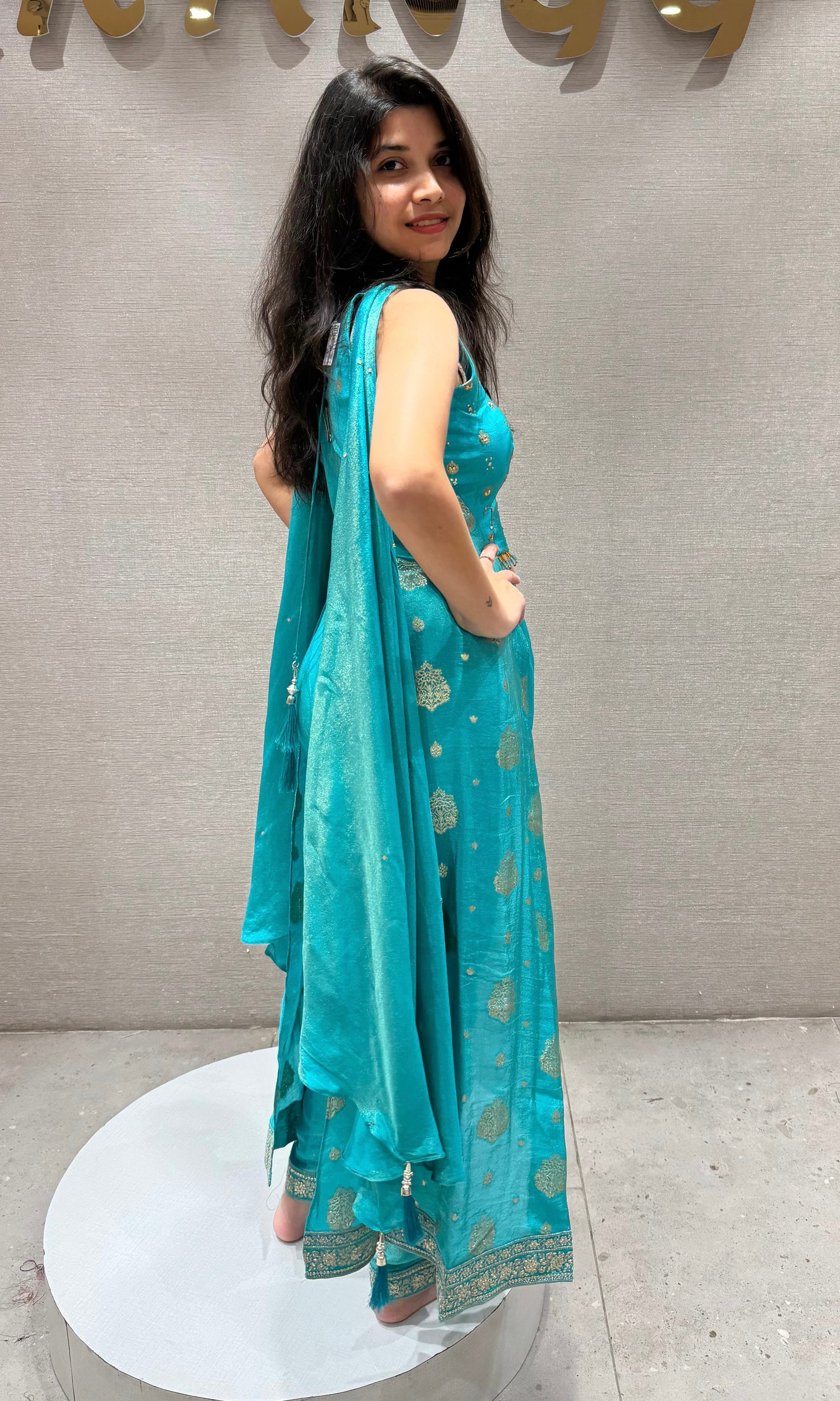 Aqua BLUE Slit Top & straight Pant Set