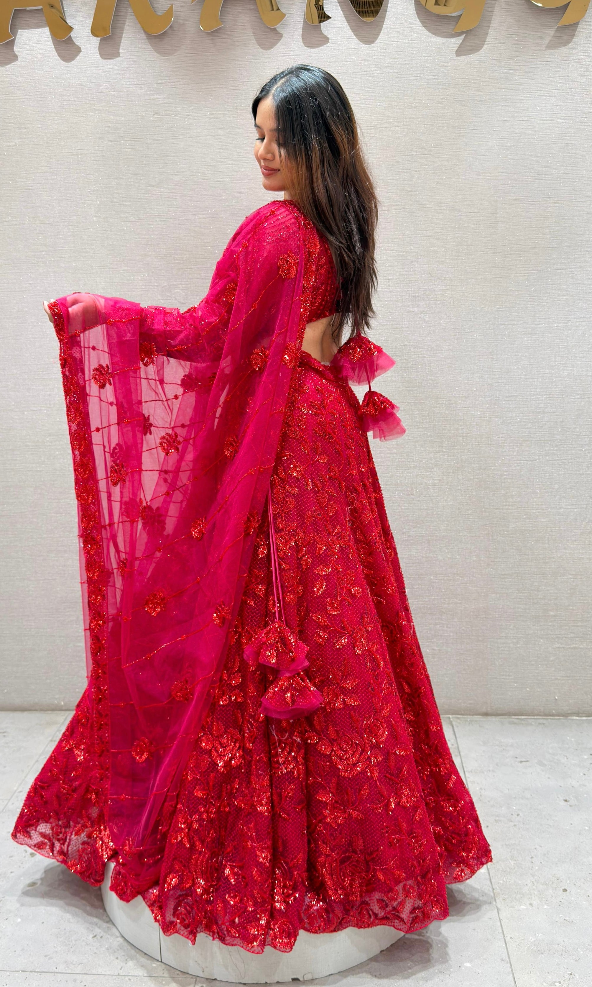 Red FLORAL EMBROIDERED Lehenga