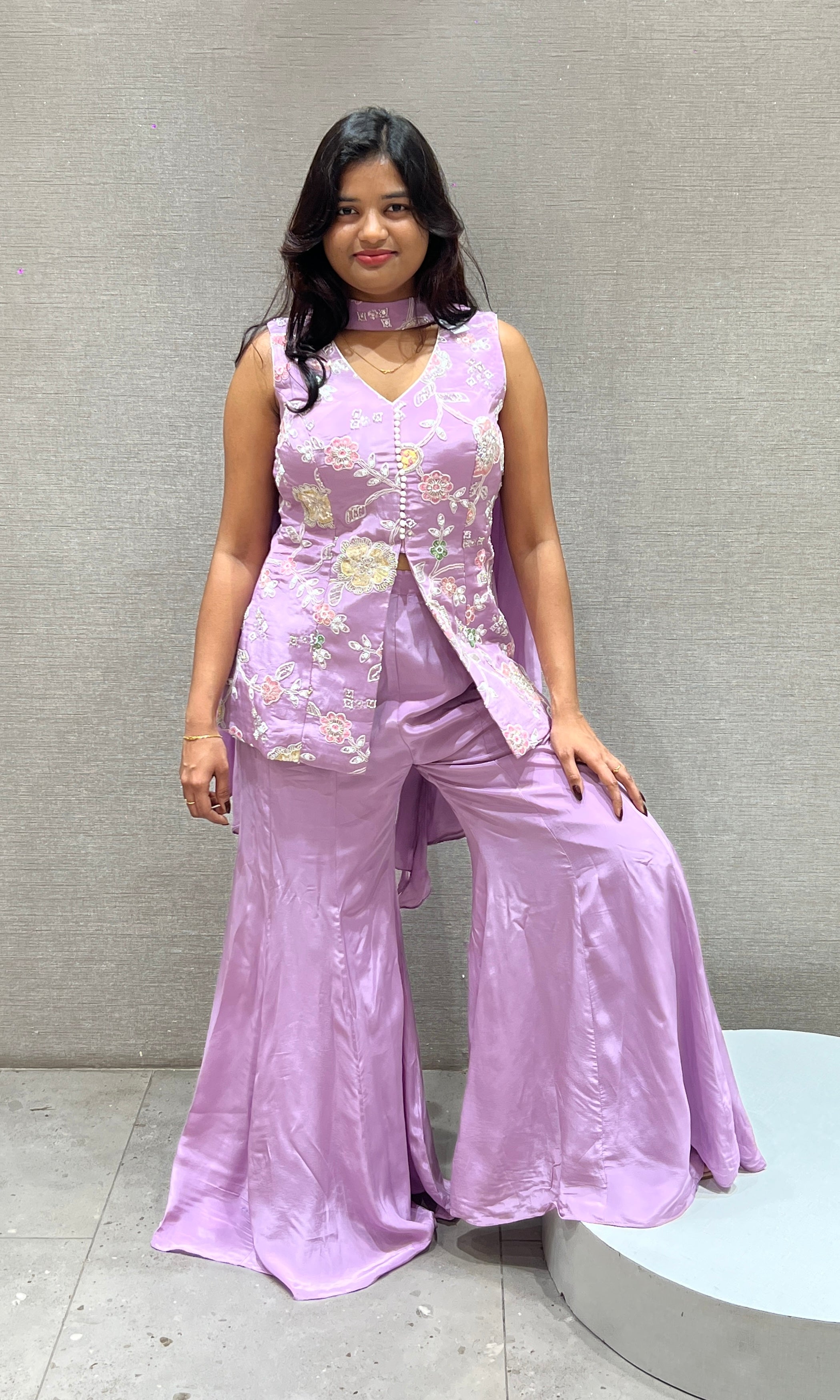 Lavender Embroidered Peplum Sharara Set