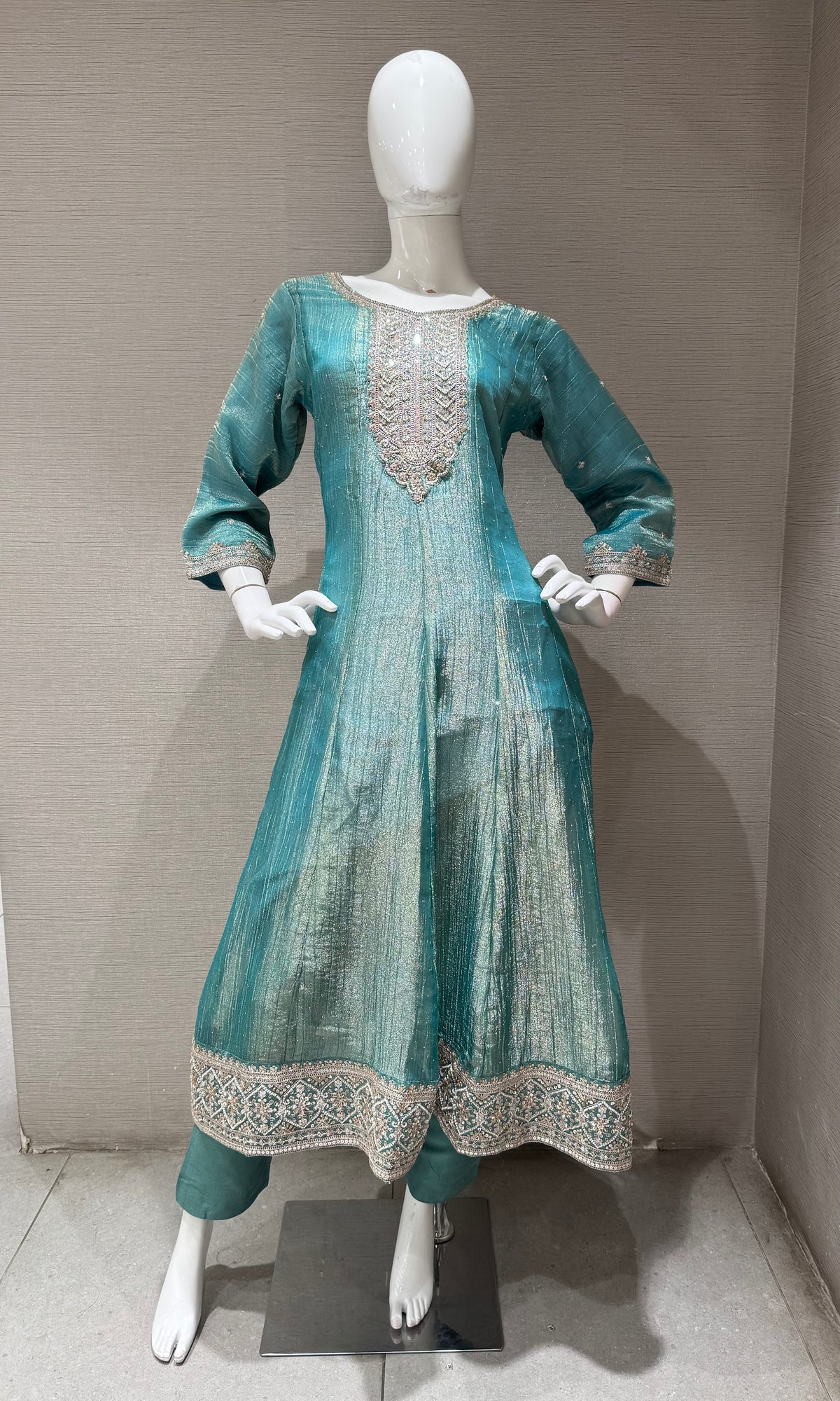 Sea Blue Shimmer Tissue Silk embroidered anarkali set with dupatta