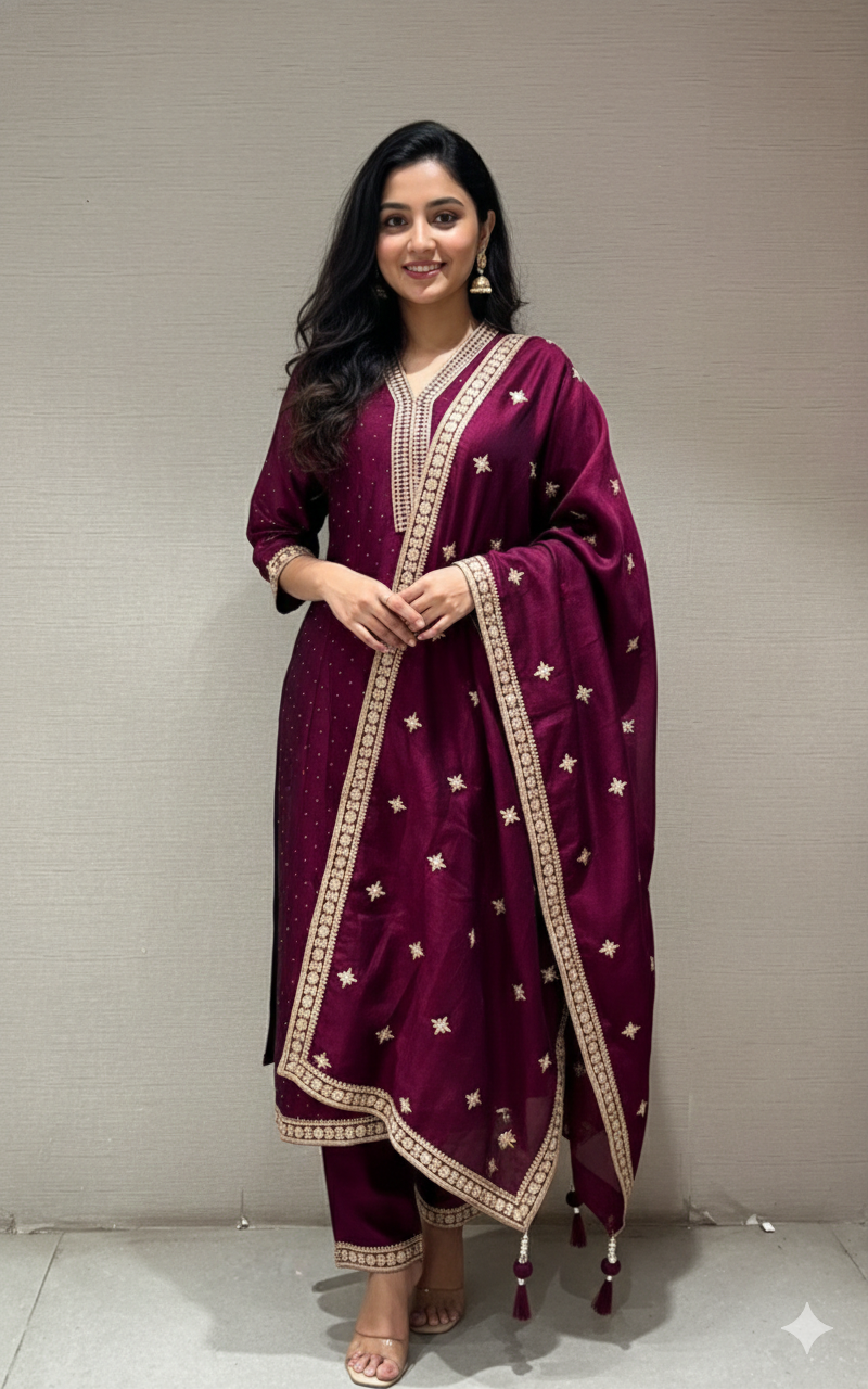 Wine EMBROIDERED ANARKALI KURTA SET