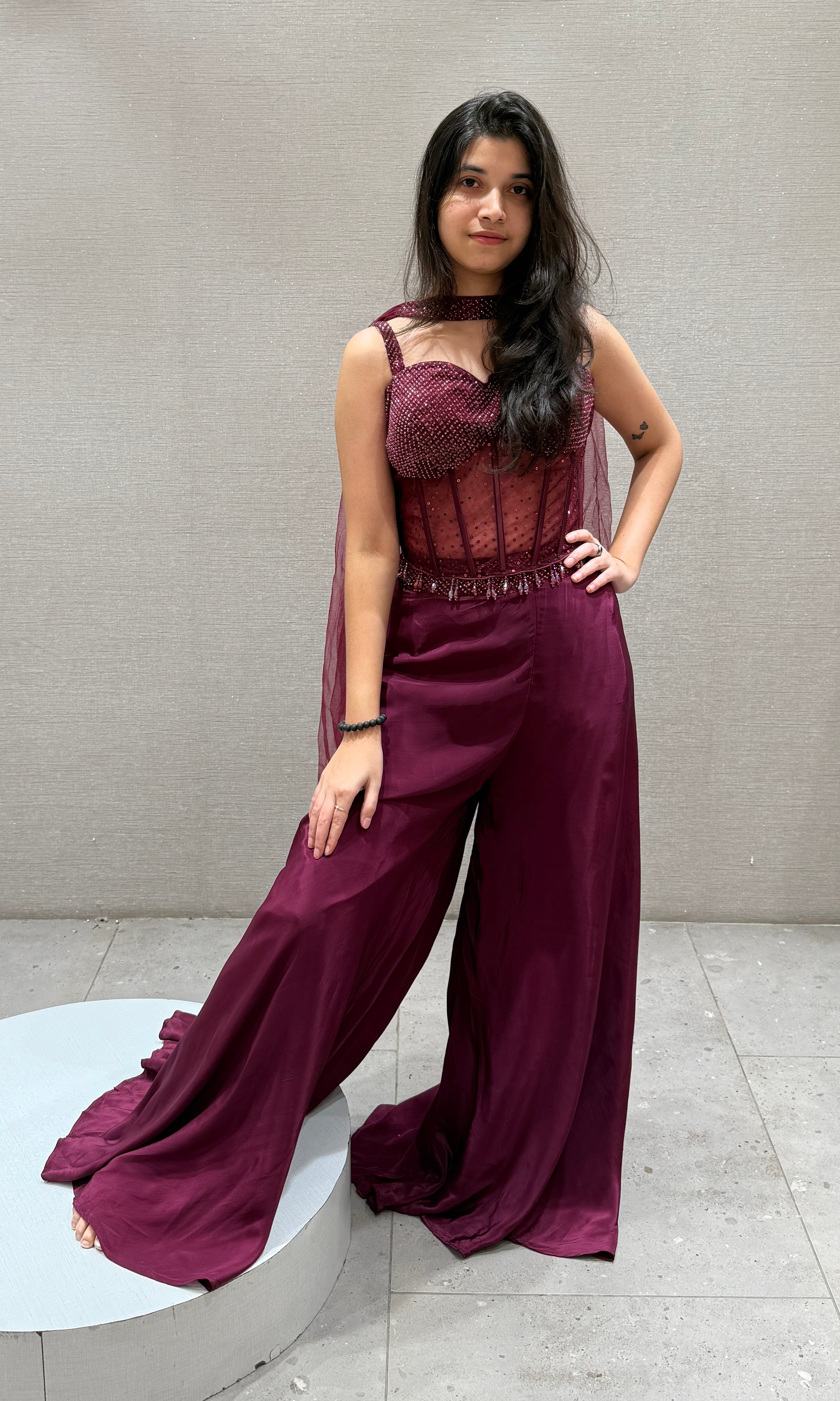 maroon palazzo set with corset blouse