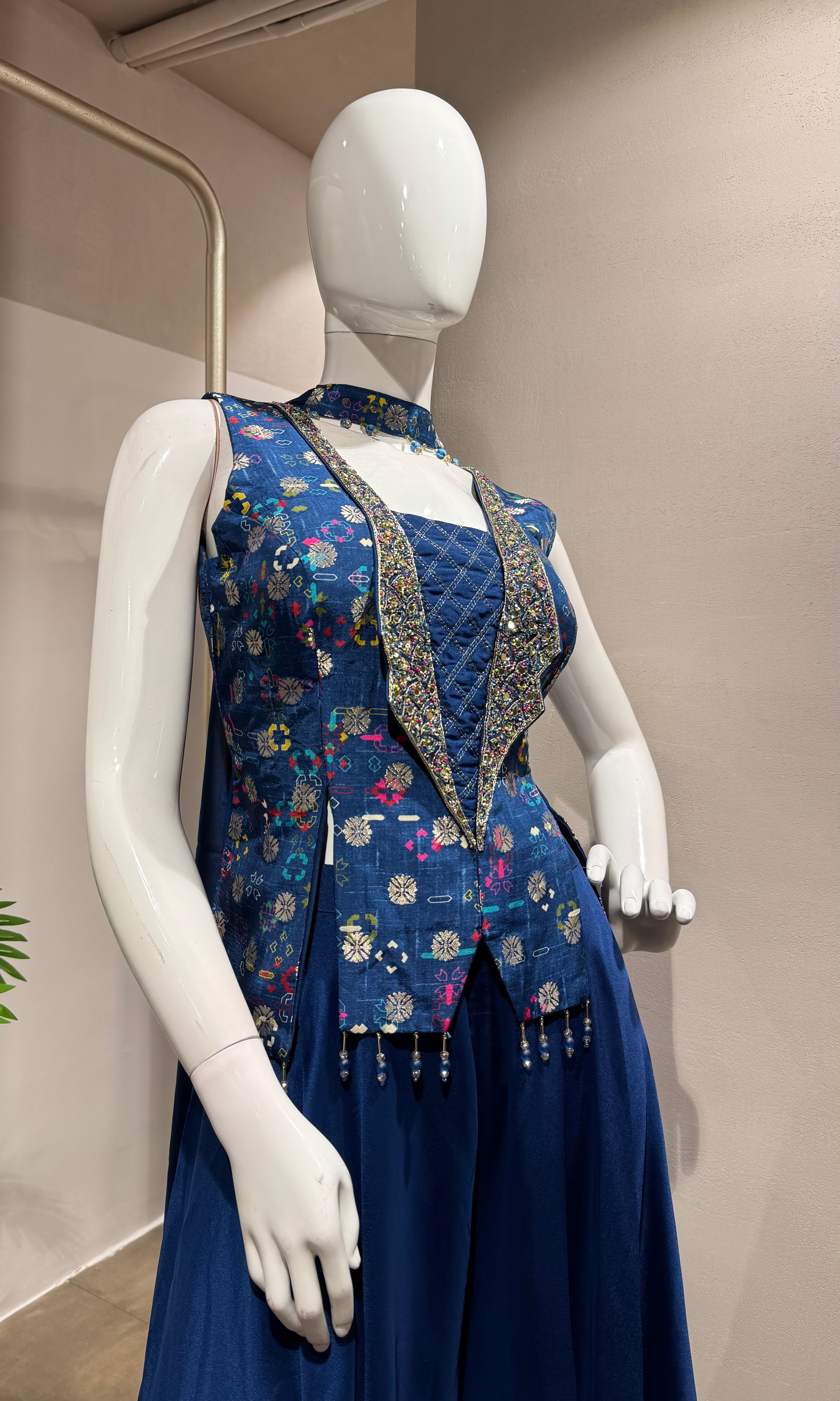 BLUE Embellished Jacket Style PALAZZO SET