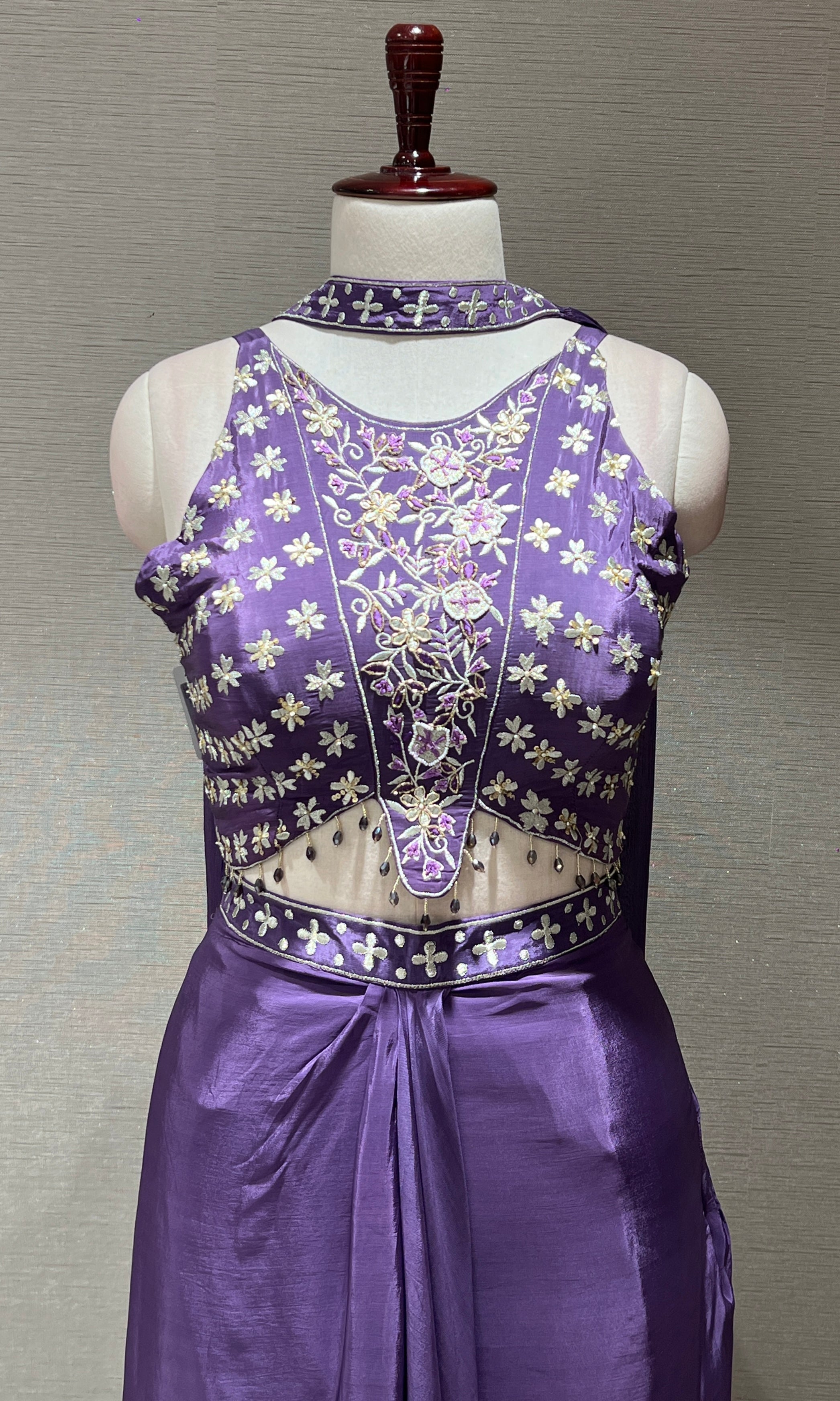 Purple draped halter neck indo western wear