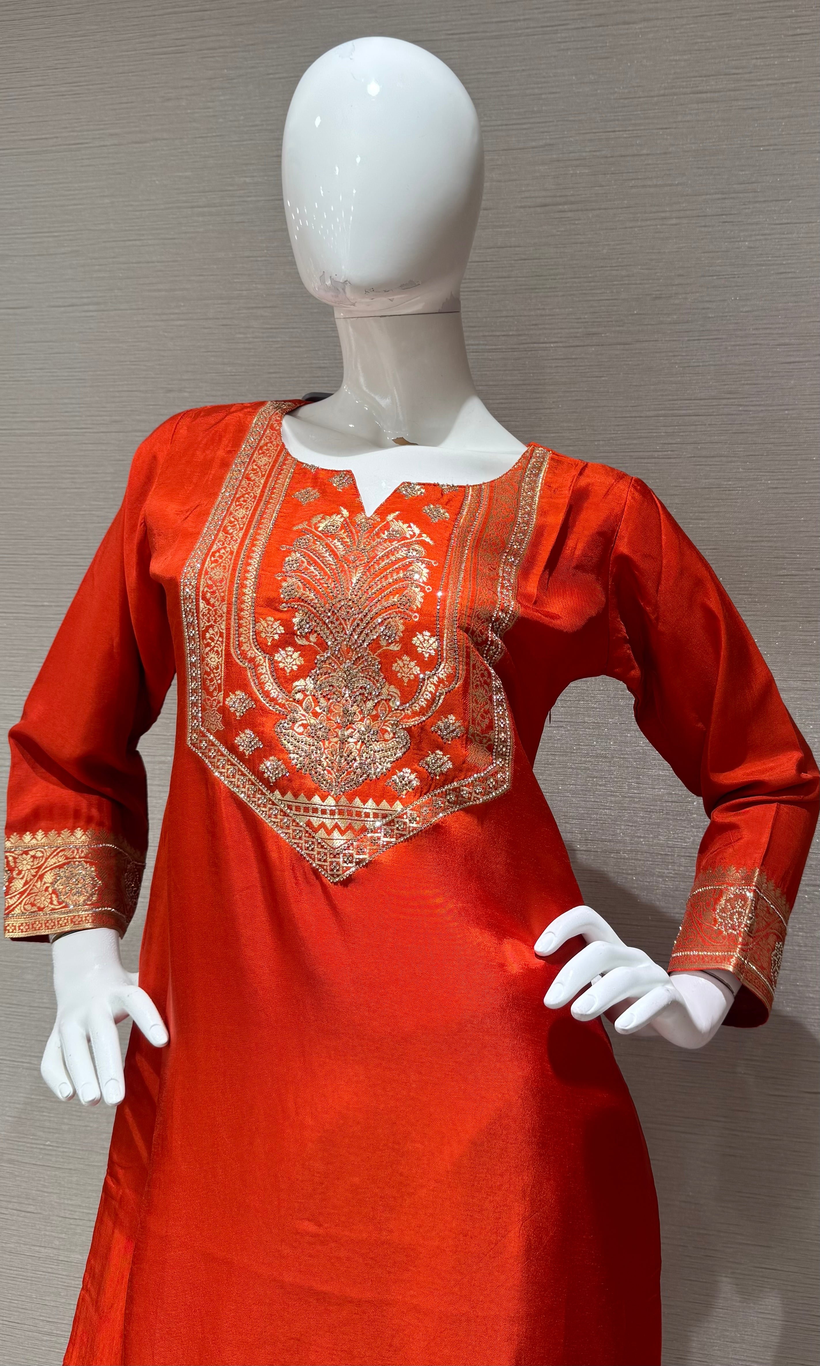 Orange Silk Blend Ethnic Kurta set