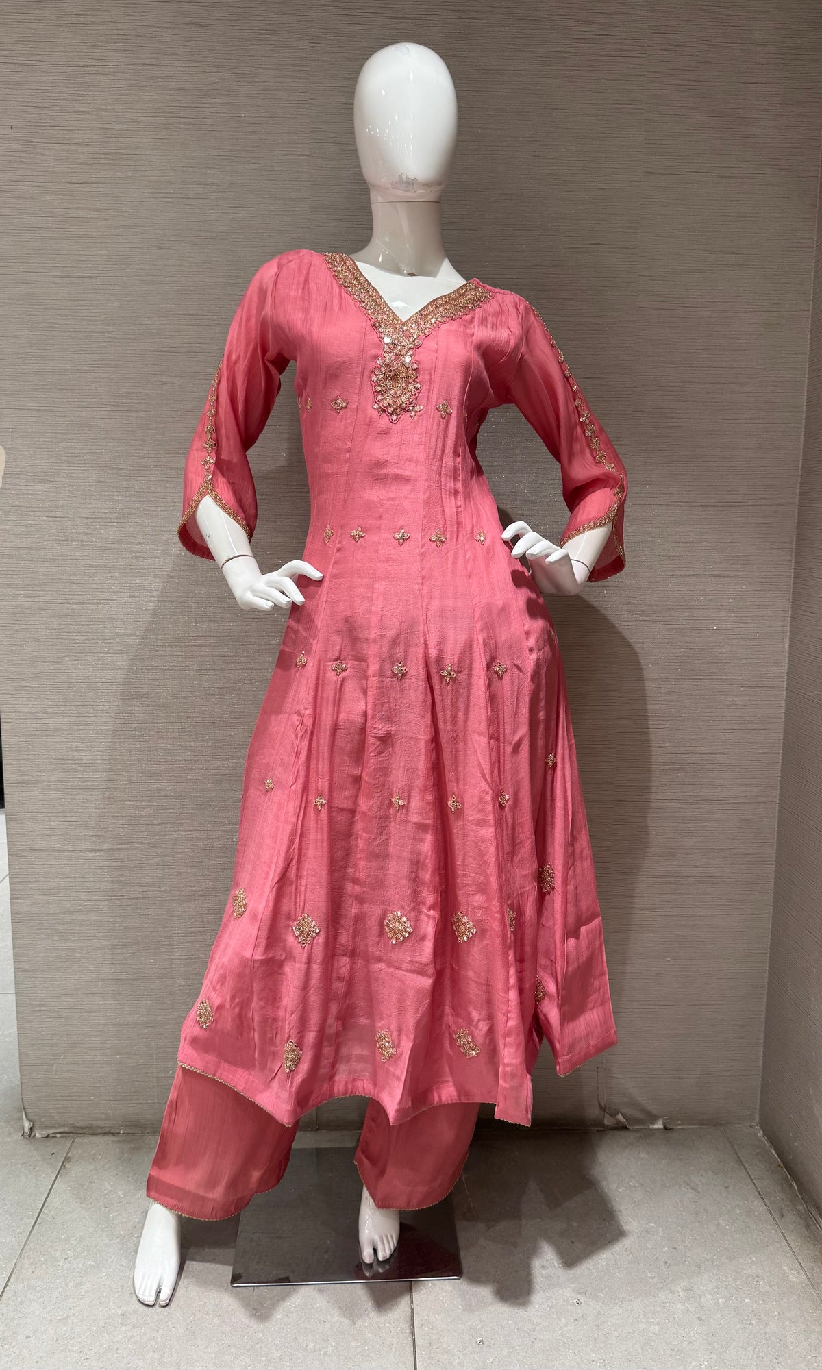 Rose Pink Silk golden Anarkali set with dupatta