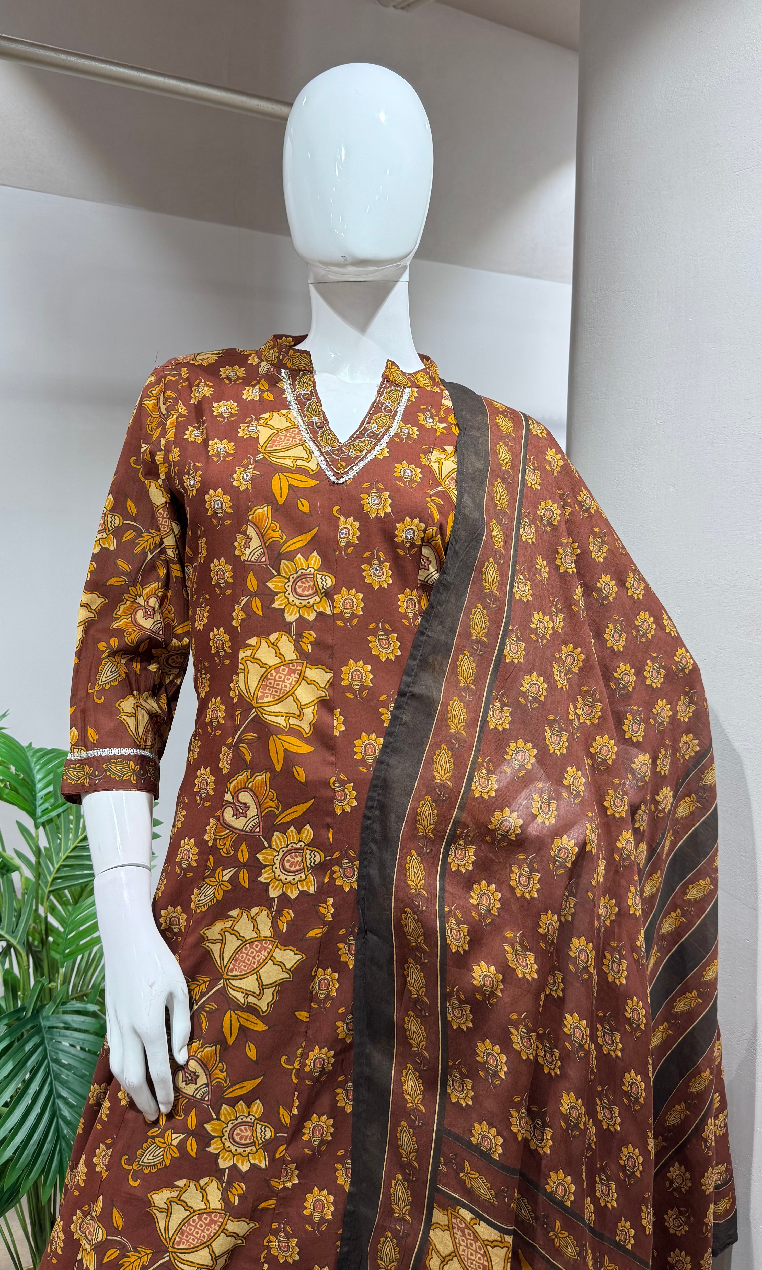 BROWN Floral Printed Ethnic Anarkali Set