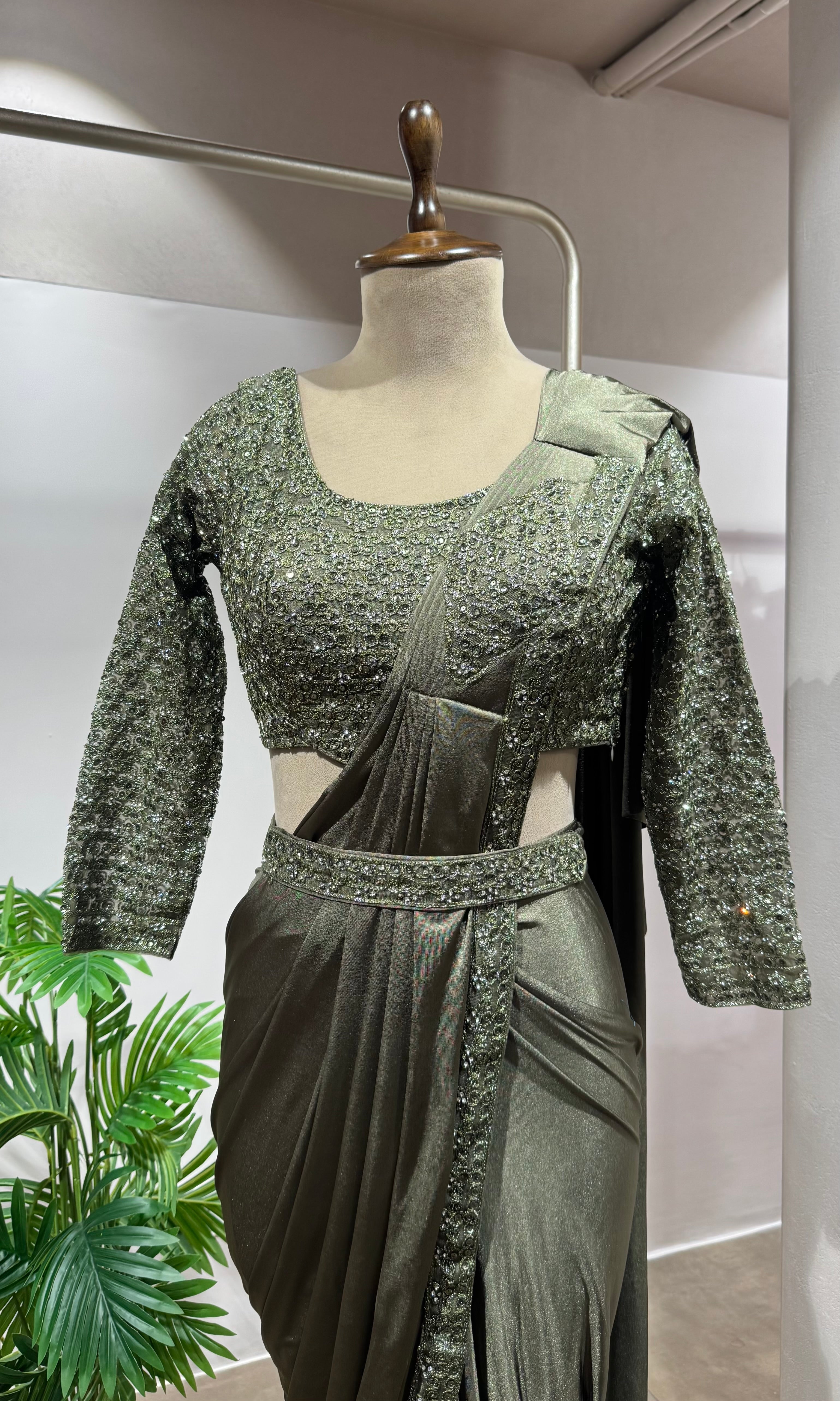 GREEN DRAPE SAREE WITH ETHNIC BLOUSE & BELT
