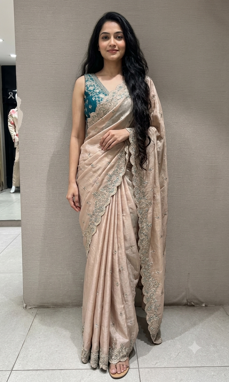 Champagne Silk Saree with Peacock Blue Blouse