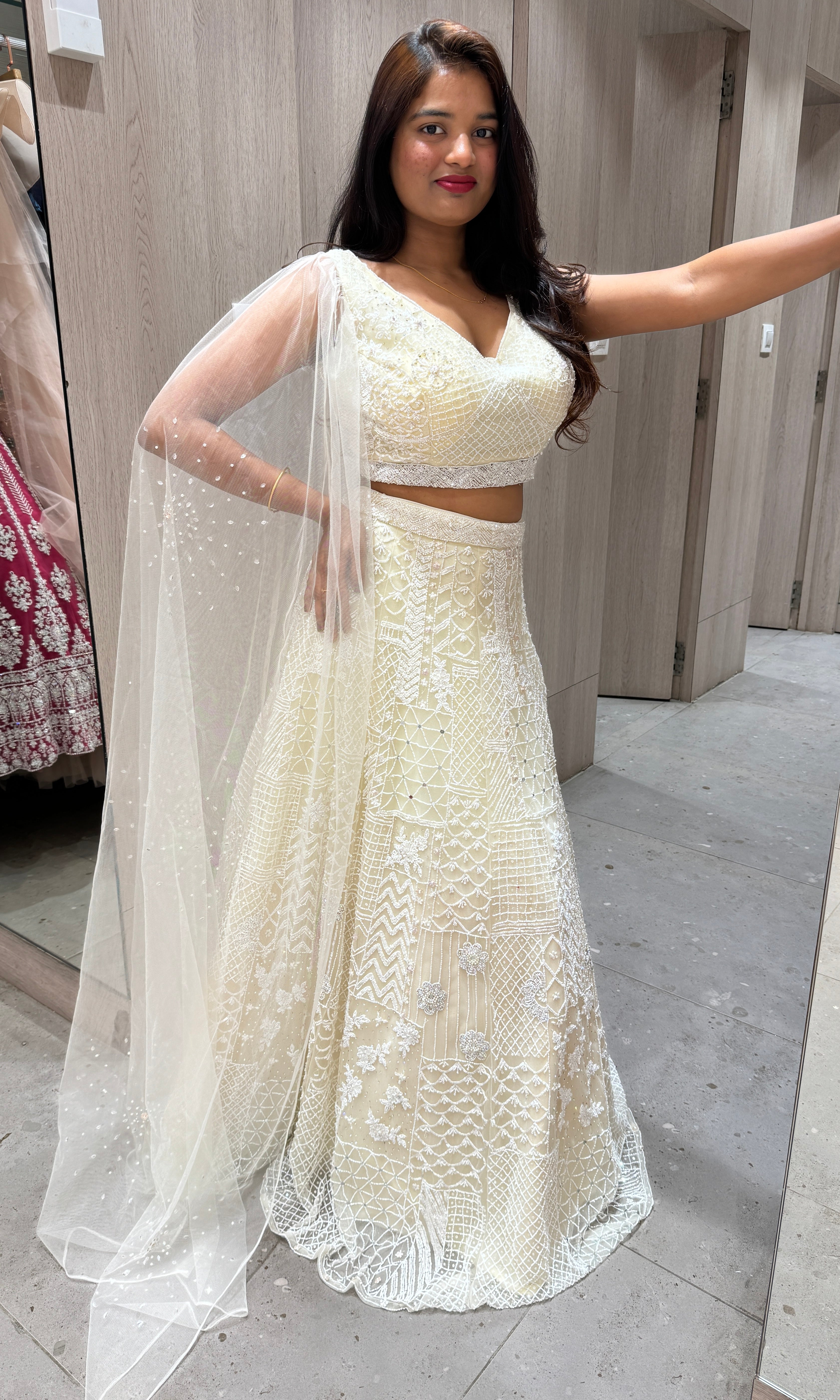 White Lehenga with moti work embroidery designs 1000