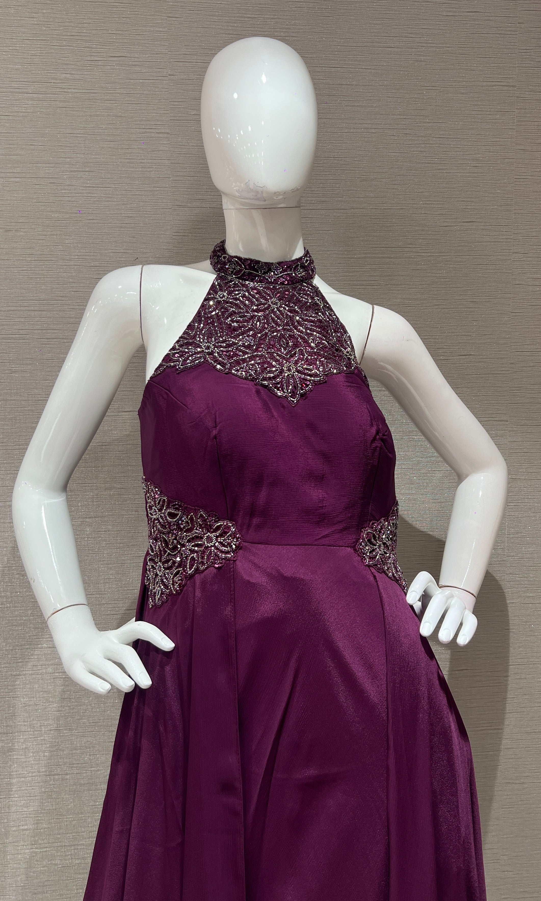 Burgundy Wine Embellished Halter Anarkali Frock