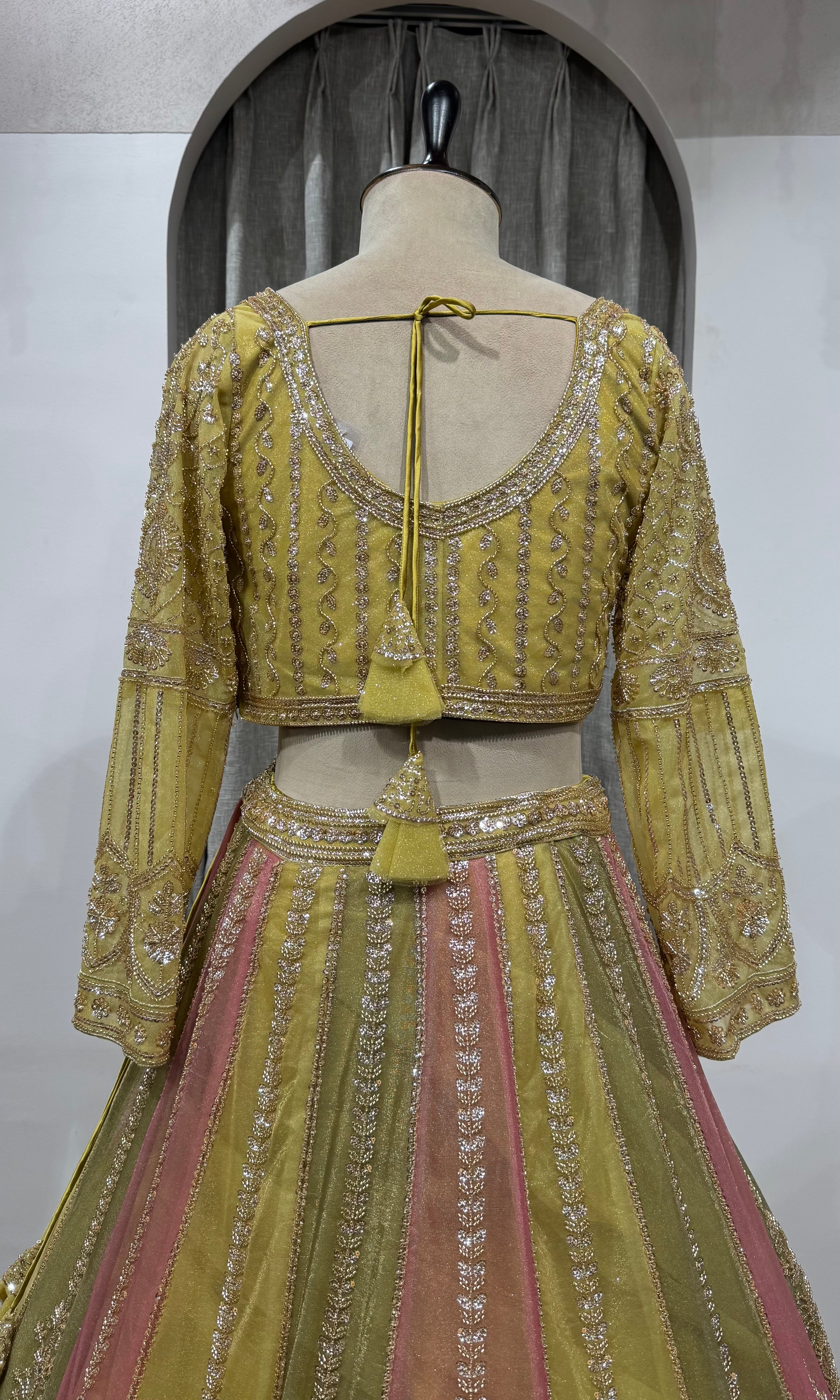 Lime Green & Blush Pink Embroidered Lehenga Set