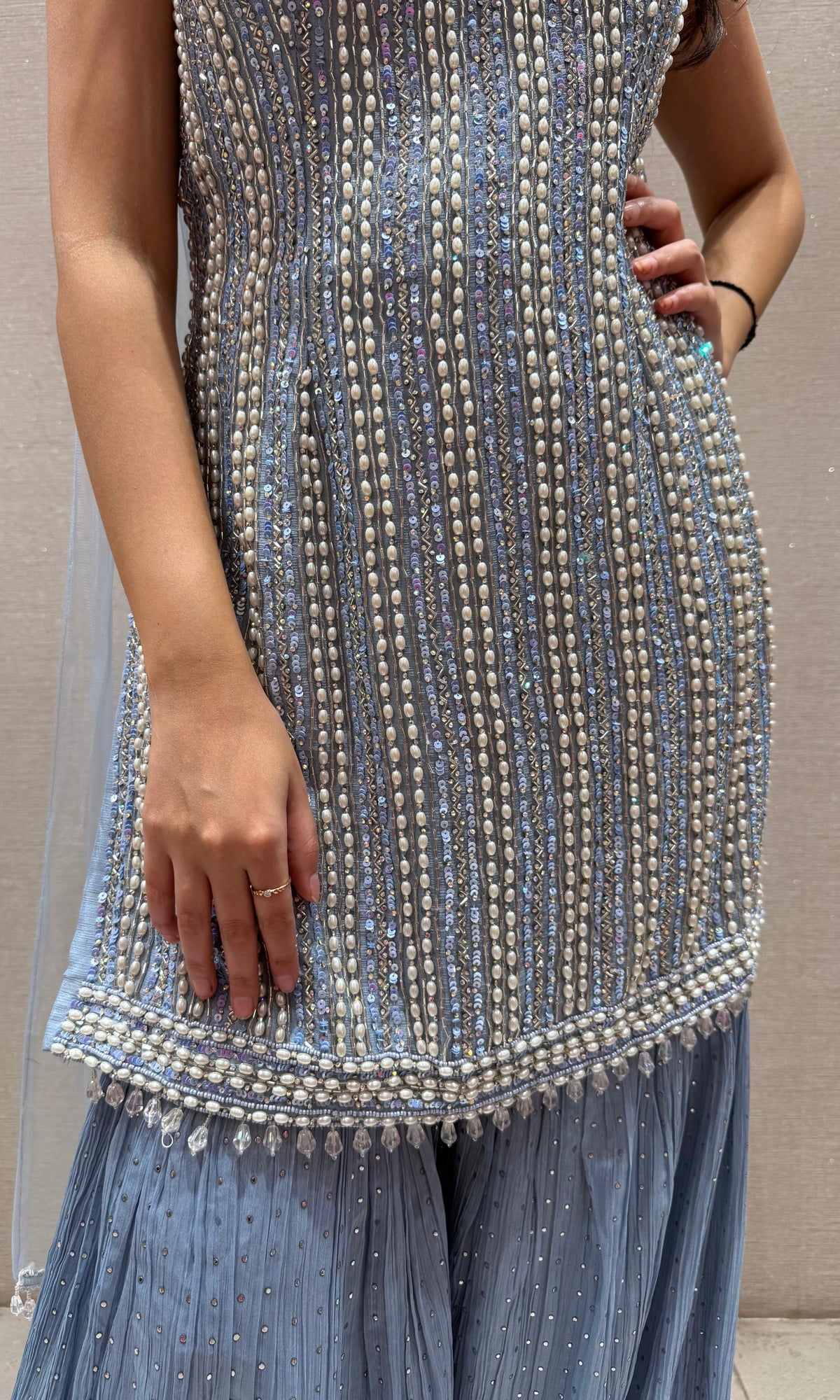 Blue beaded sharara set