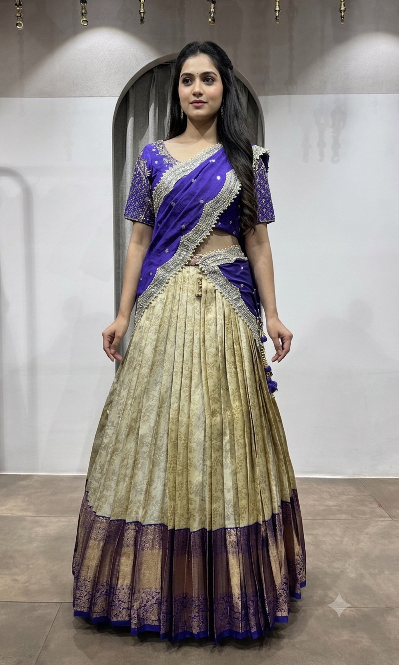 purple and cream kanjivaram Pattu lehenga