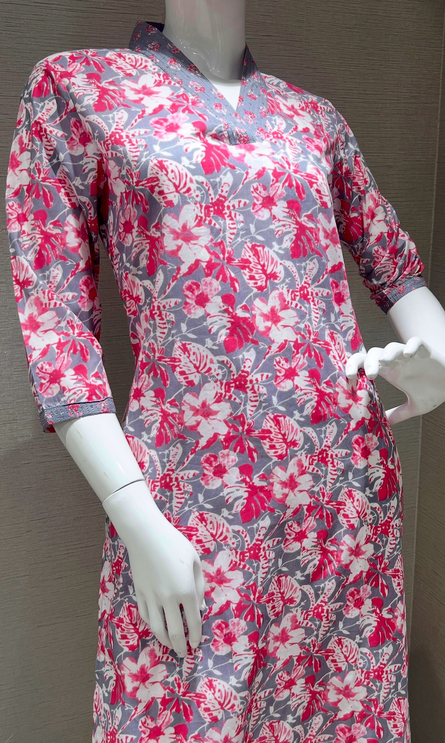 Pink and Grey Floral Printed Kurti top