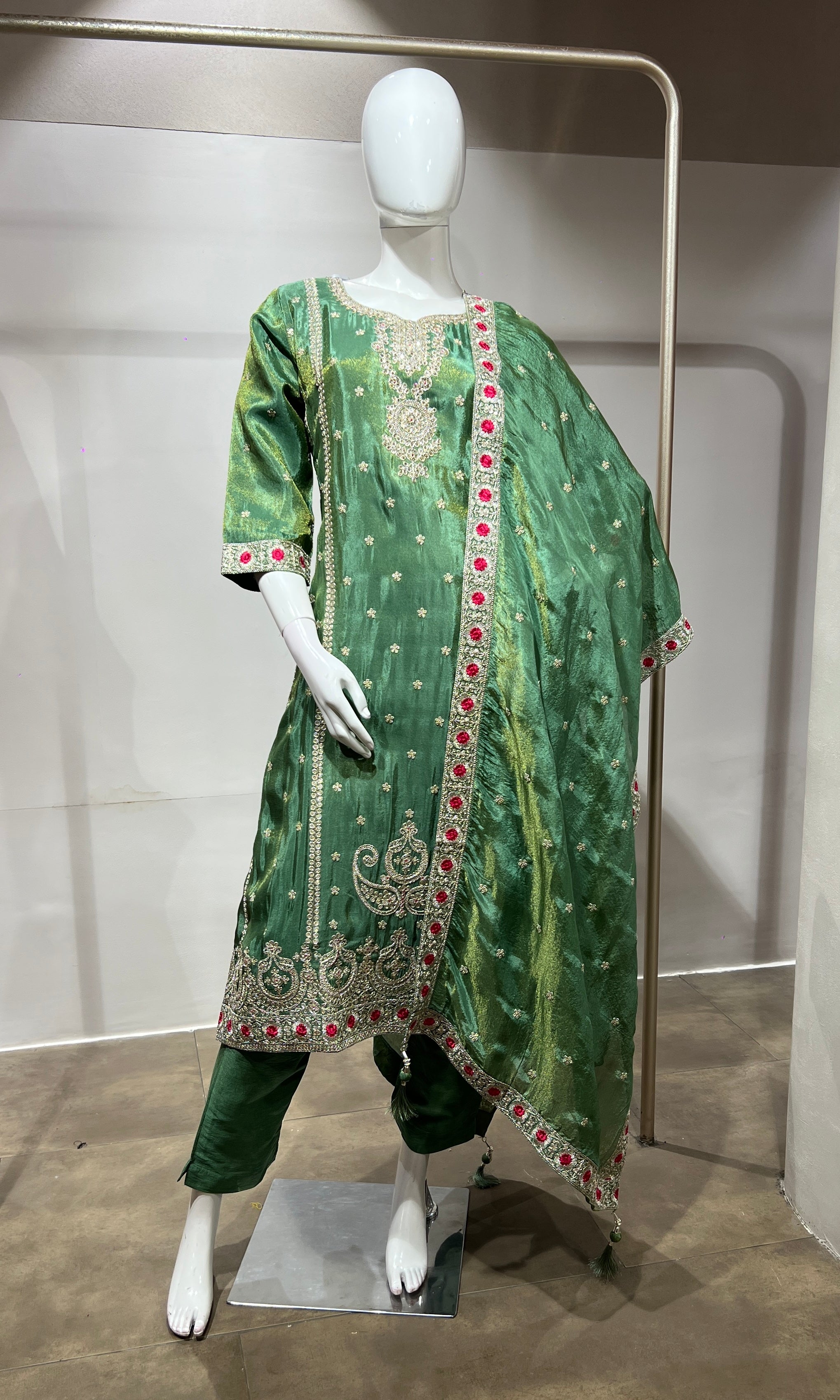 Green Silk Embroidered Kurta Suit with Dupatta