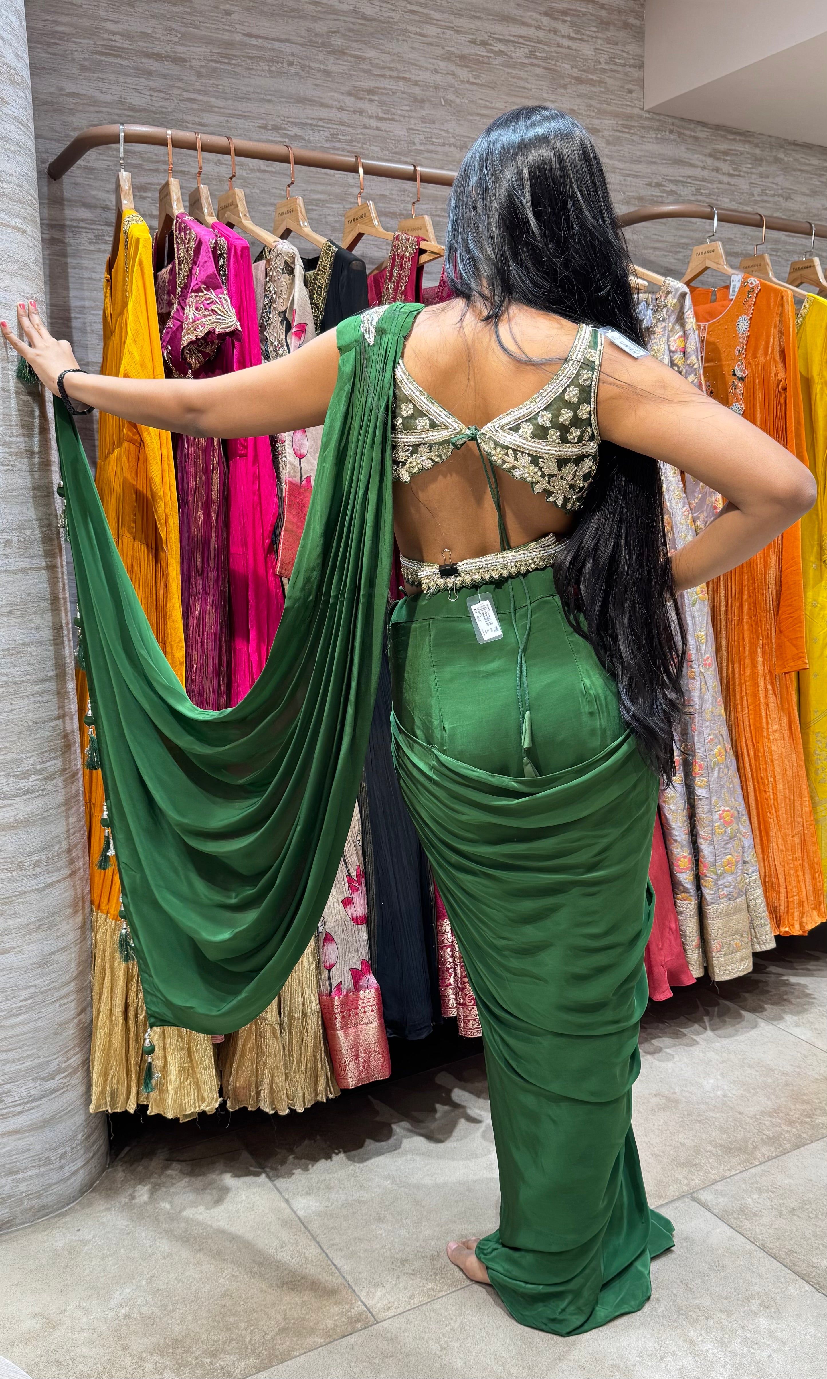 GREEN DRAPE SAREE WITH CORSET BLOUSE