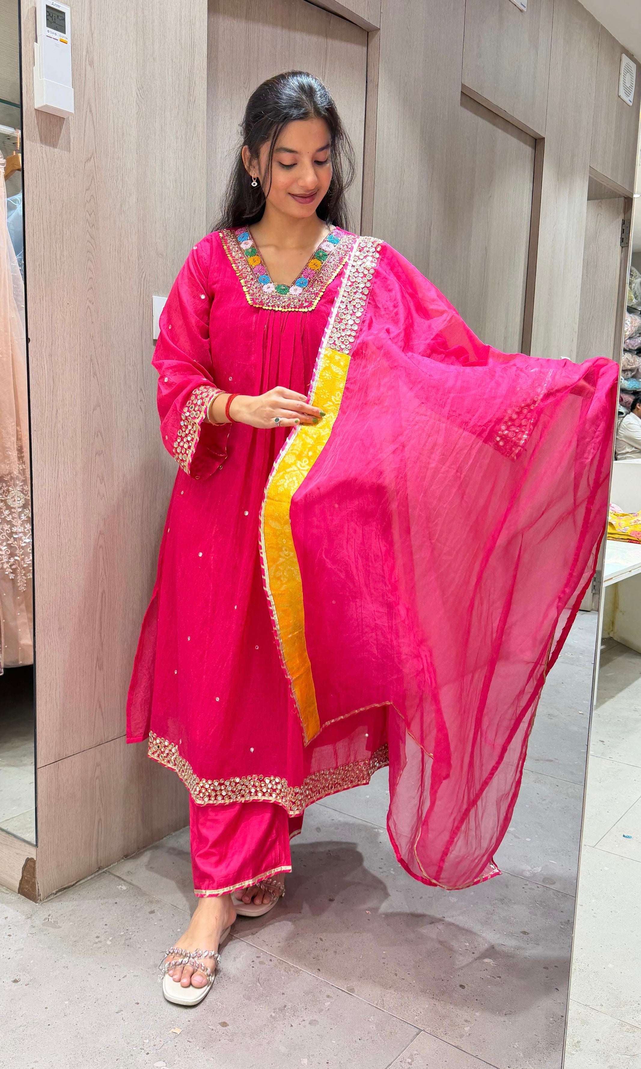 RANI PINK FLORAL NECK A LINE kurta set