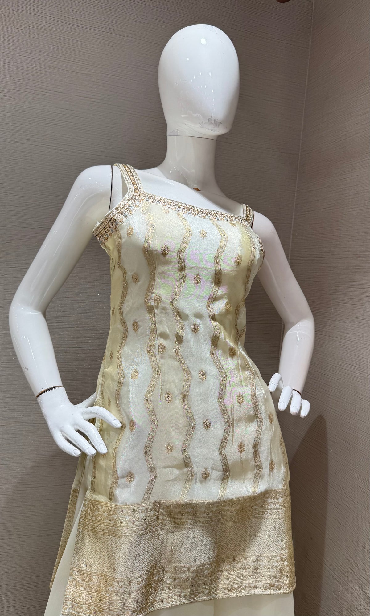 Cream Golden Embroidered Sharara set with Dupatta