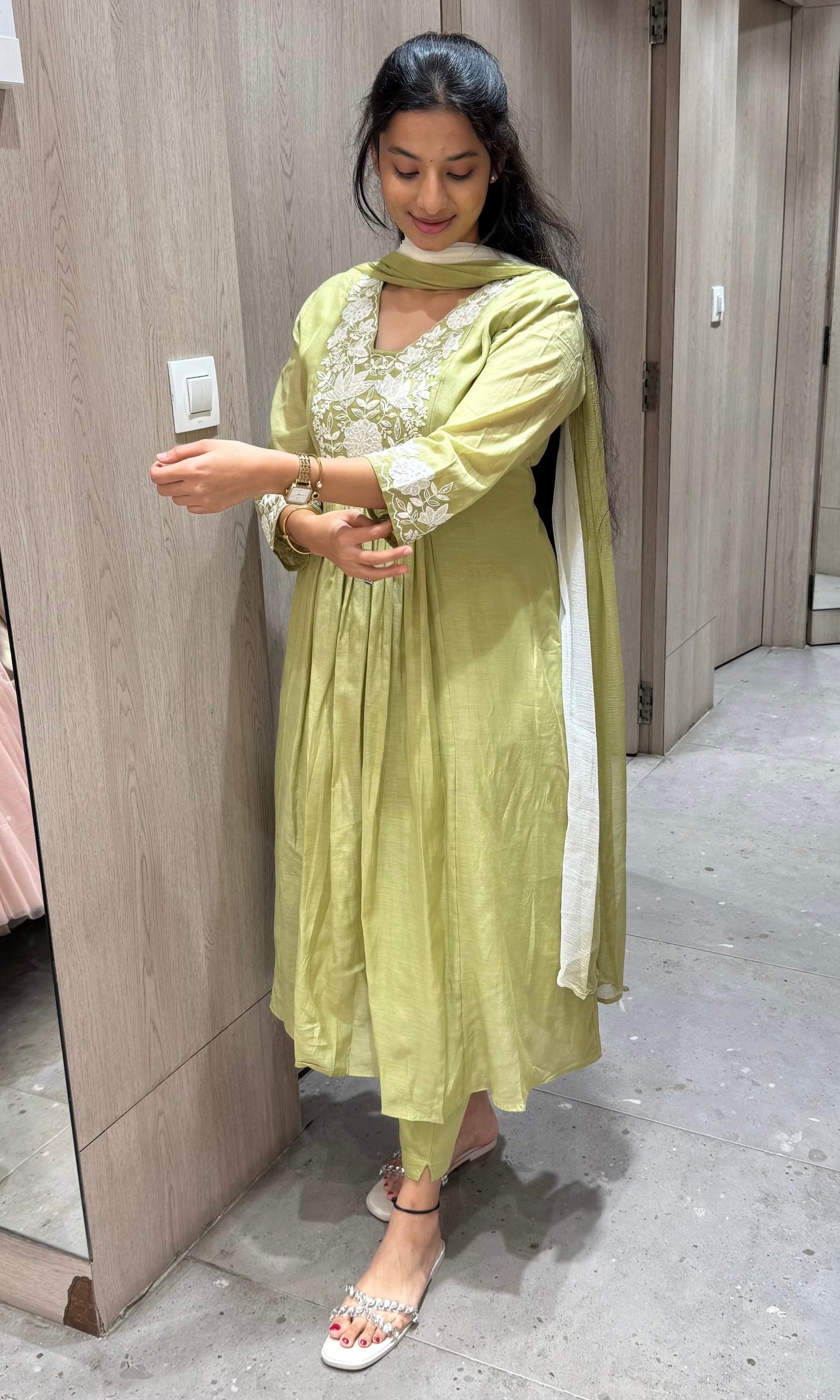 matcha green MUL CHANDERI anarkali kurta set