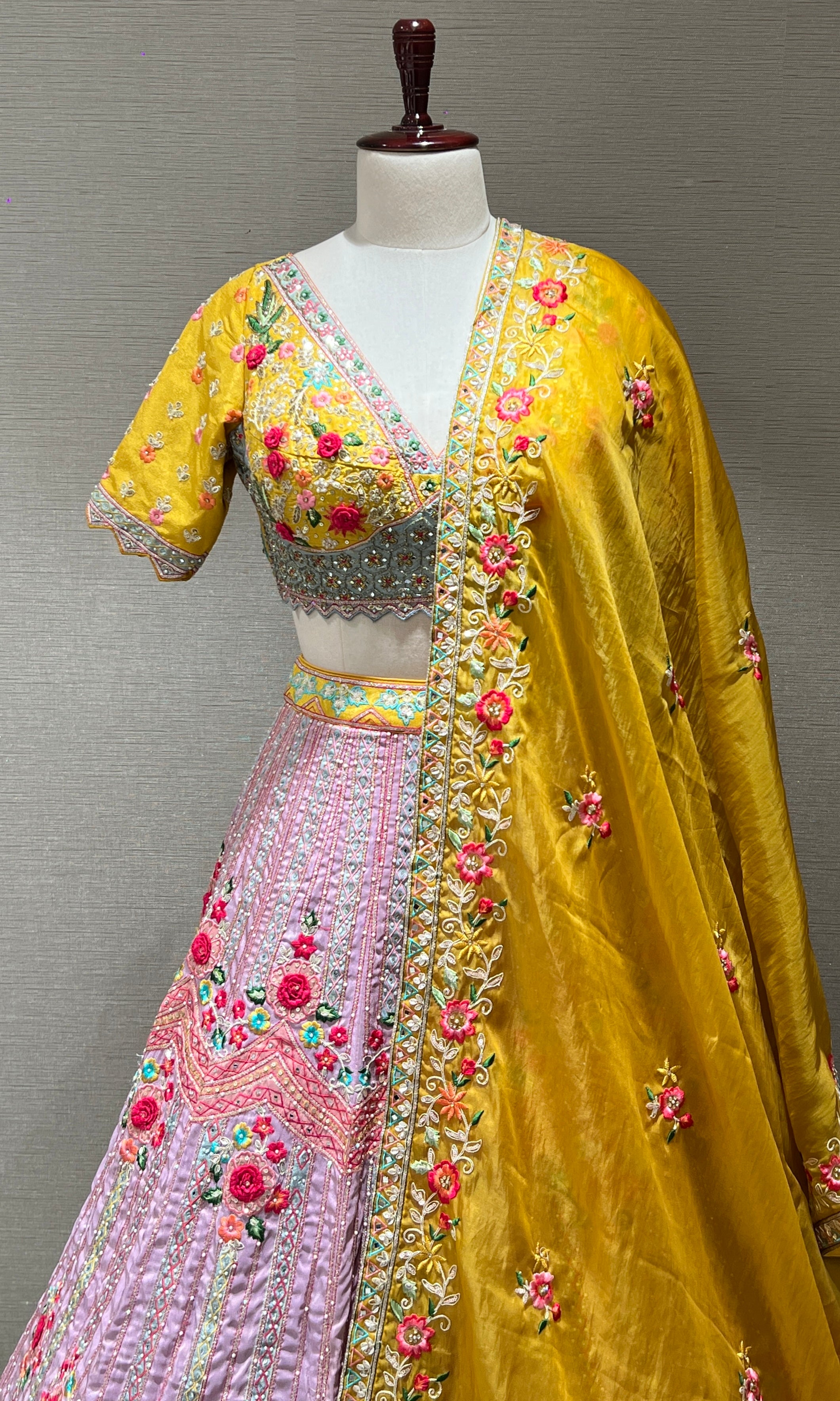 Lilac and Yellow Floral Embroidered Lehenga