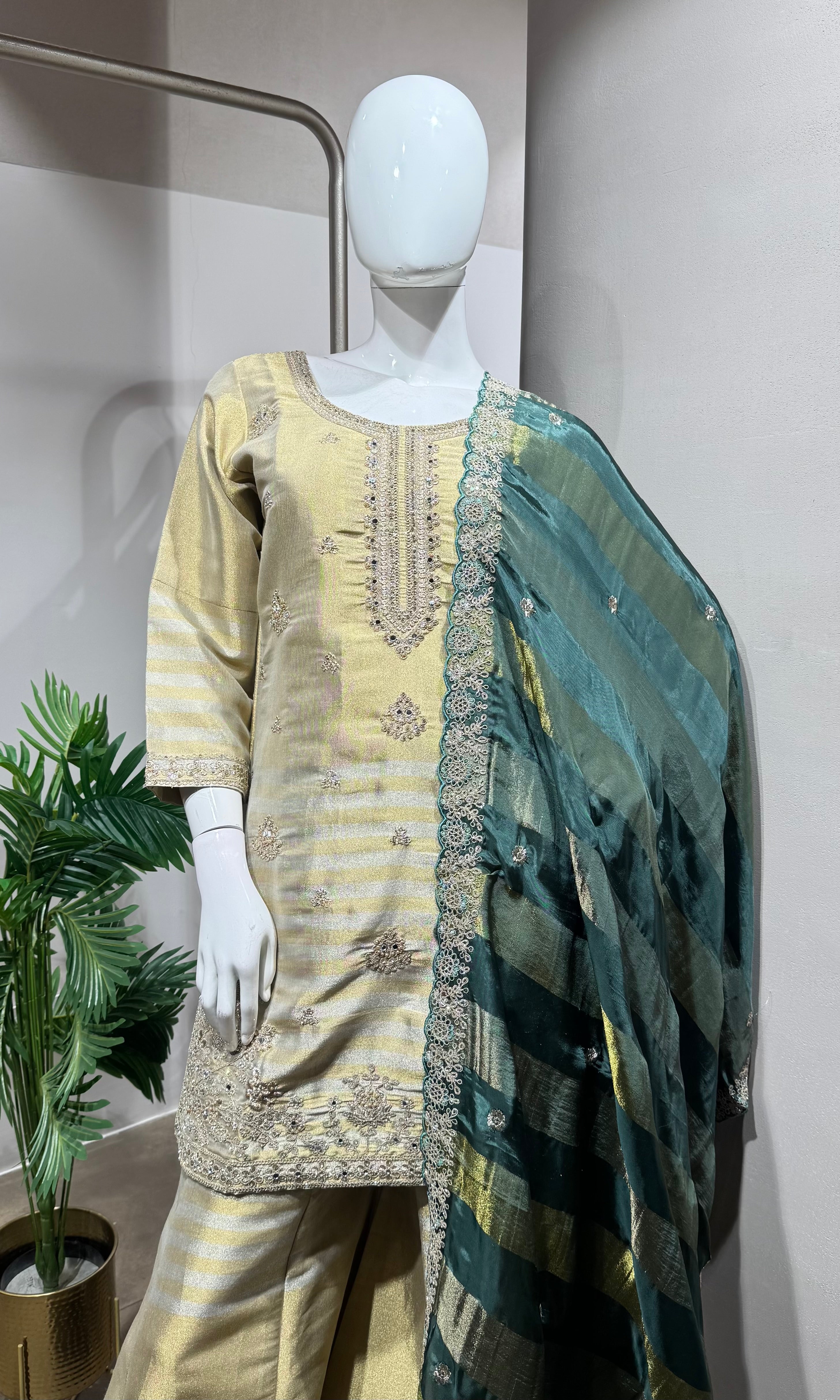 BOTTLE GREEN golden shimmer tissue sharara set
